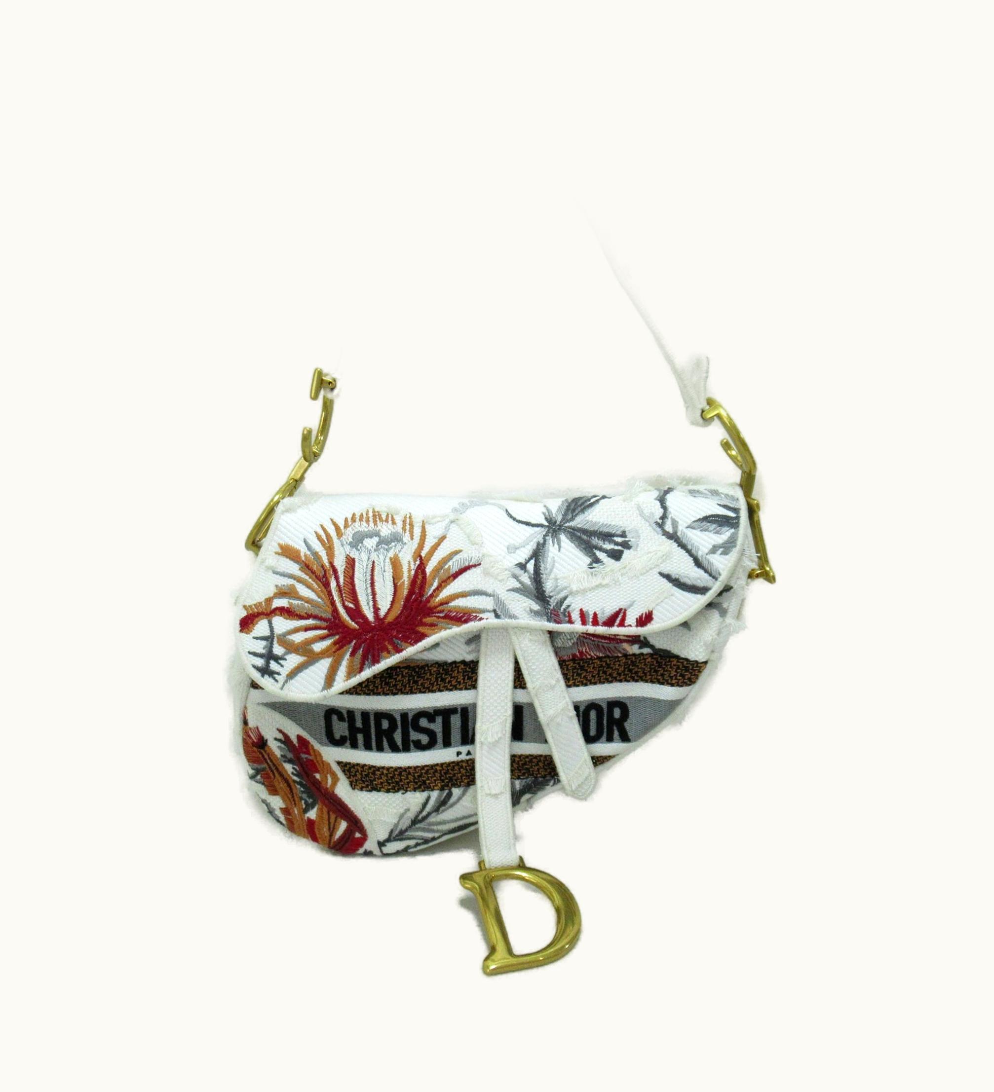 Dior Dior Saddle Bag Shoulder Bag White Flower Embroidery Cotton