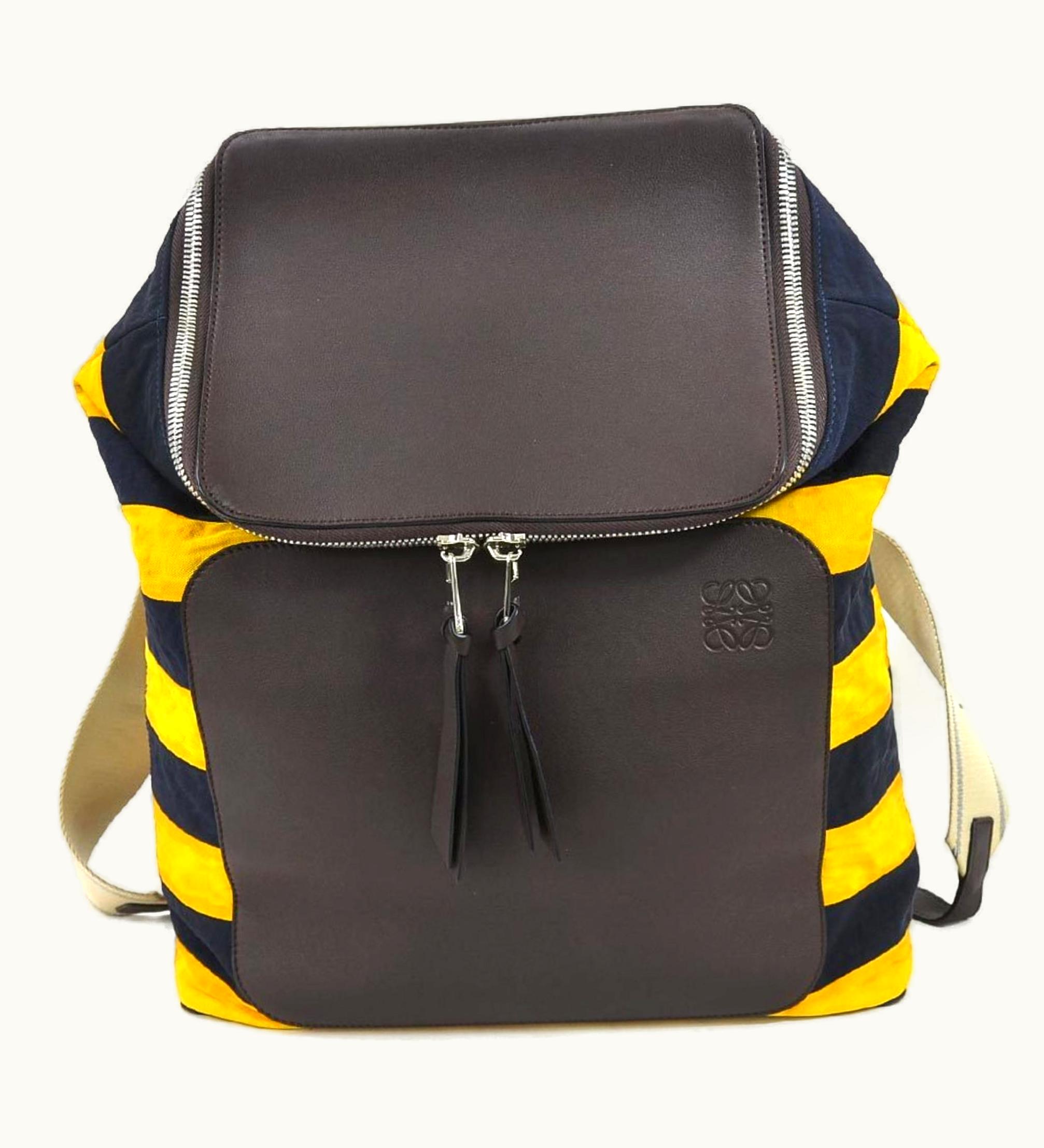 Loewe Loewe Rucksack Backpack Anagram Goya Nylon/Leather Dark Brown X Yellow Navy Silver Hardware Unisex 335.72.S53