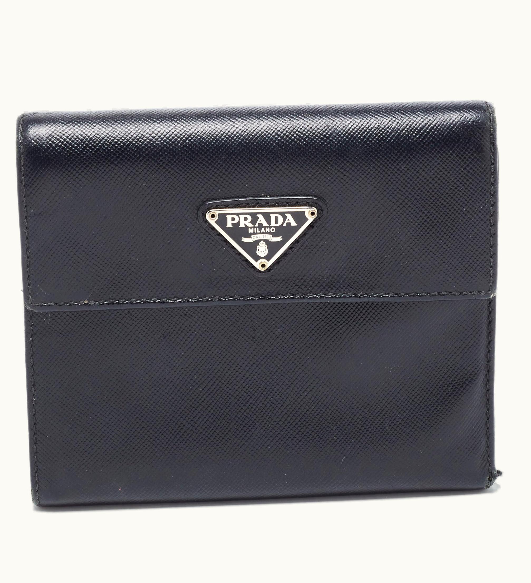 Prada Prada Black Saffiano Metal Leather Triangle Logo Trifold Wallet