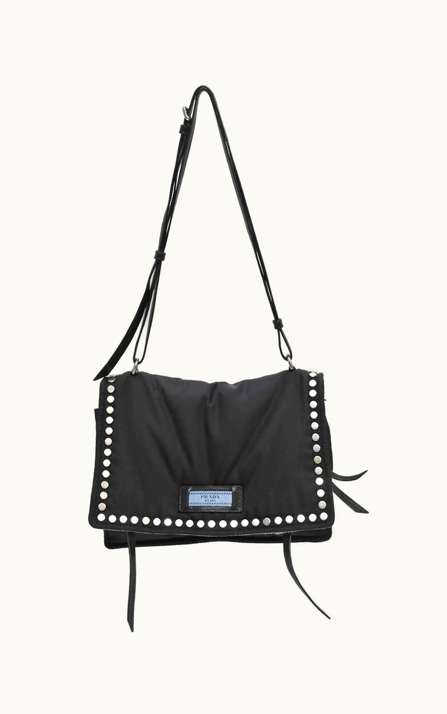 Prada Prada Black Studded Nylon Tessuto And Leather Etiquette Flap Shoulder Bag With Adjustable Buckle Strap
