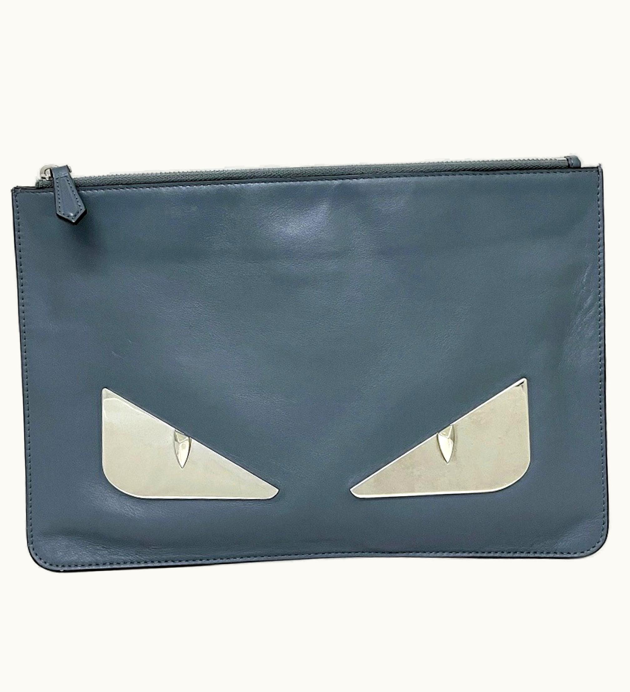 Fendi Fendi Clutch Bag Gray Silver Mon 7N0078 Plate Pouch Second Leather Fendi Women's Men's Dual