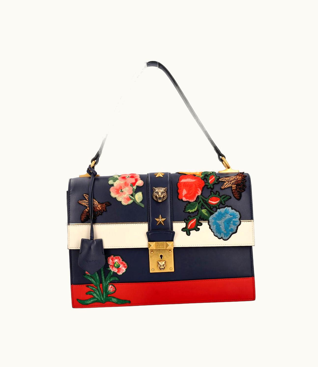 Gucci Gucci Leather Riche Striped Embroidered Shoulder Bag Navy