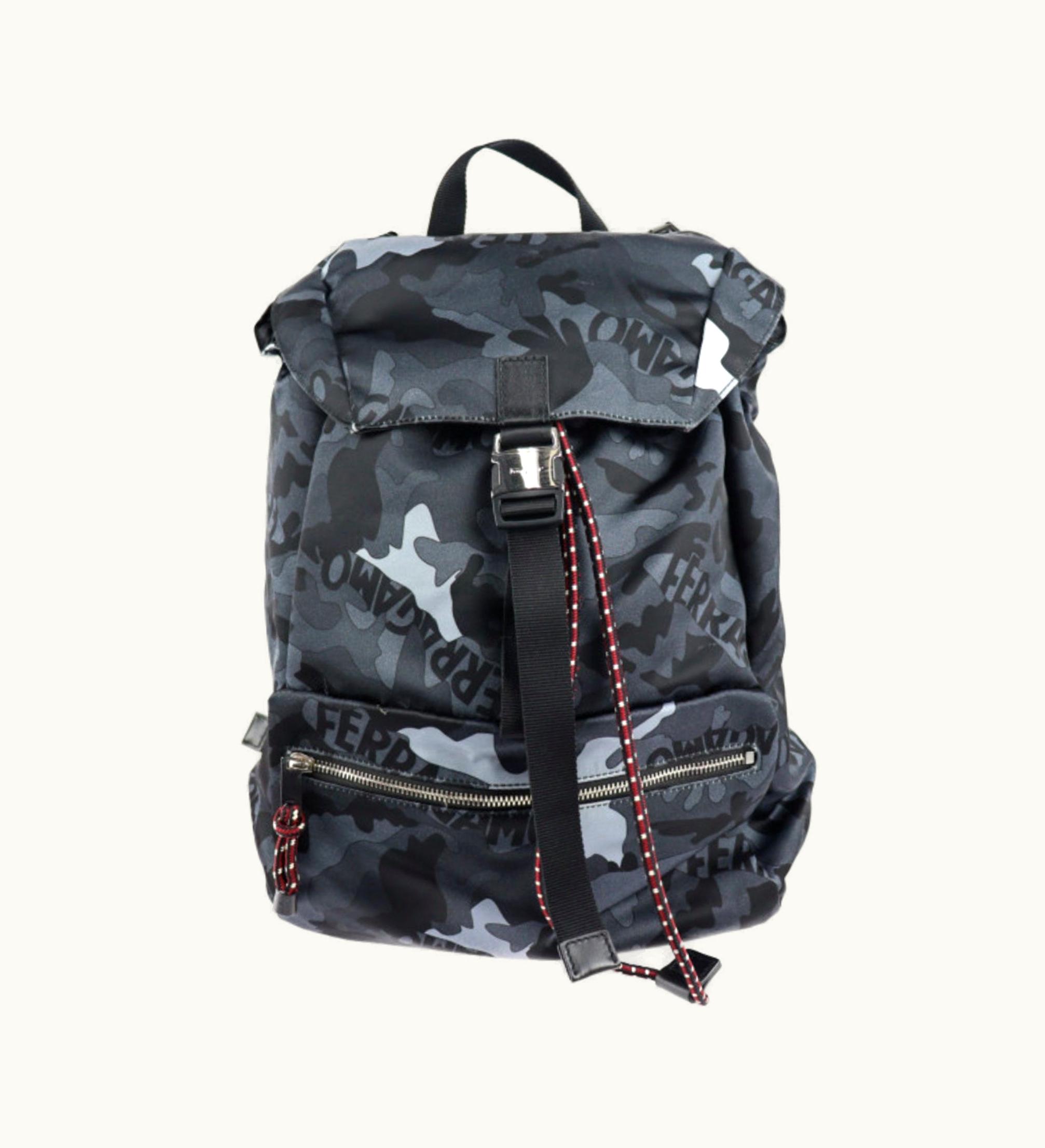 Salvatore Ferragamo Salvatore Ferragamo Rucksack Daypack Fz-24 A054 Nylon Leather Gray Camouflage Pattern Black Silver Hardware Reversible