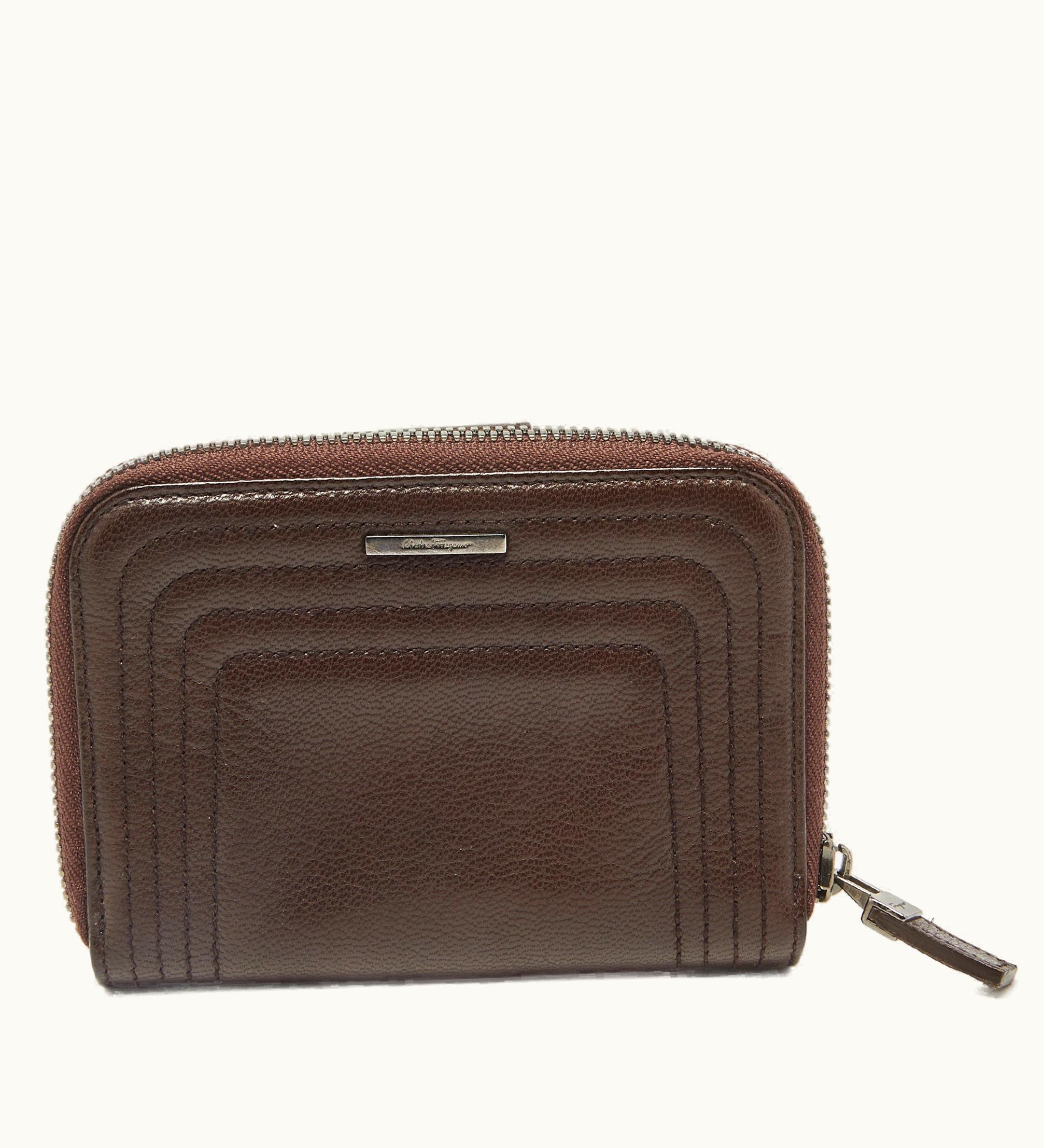 Salvatore Ferragamo Salvatore Ferragamo Dark Brown Leather Zip Around Compact Wallet