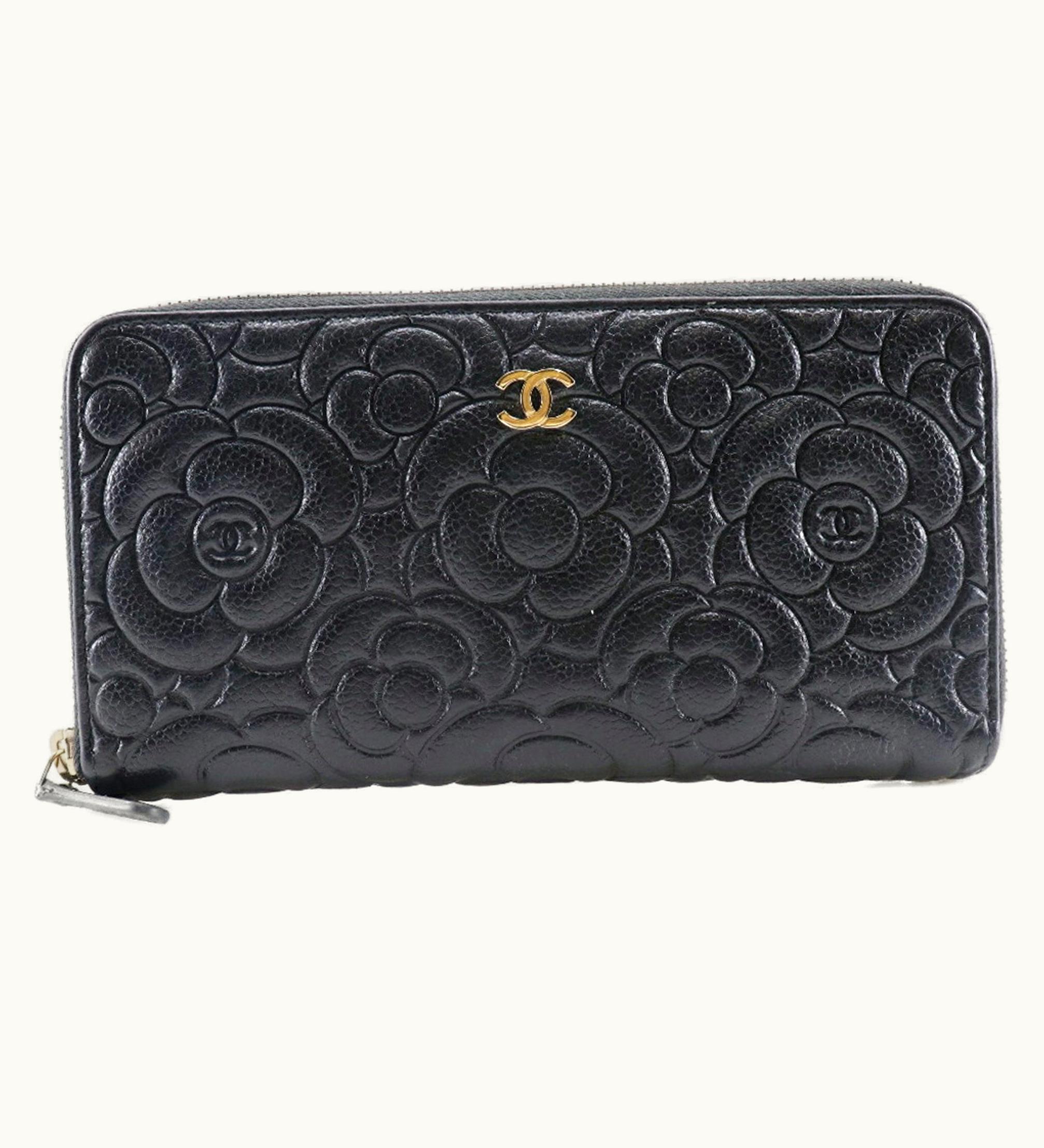 Chanel Chanel Camellia Emboss Cocomark A82281 Matte Caviar Skin Black Women's Long Wallet