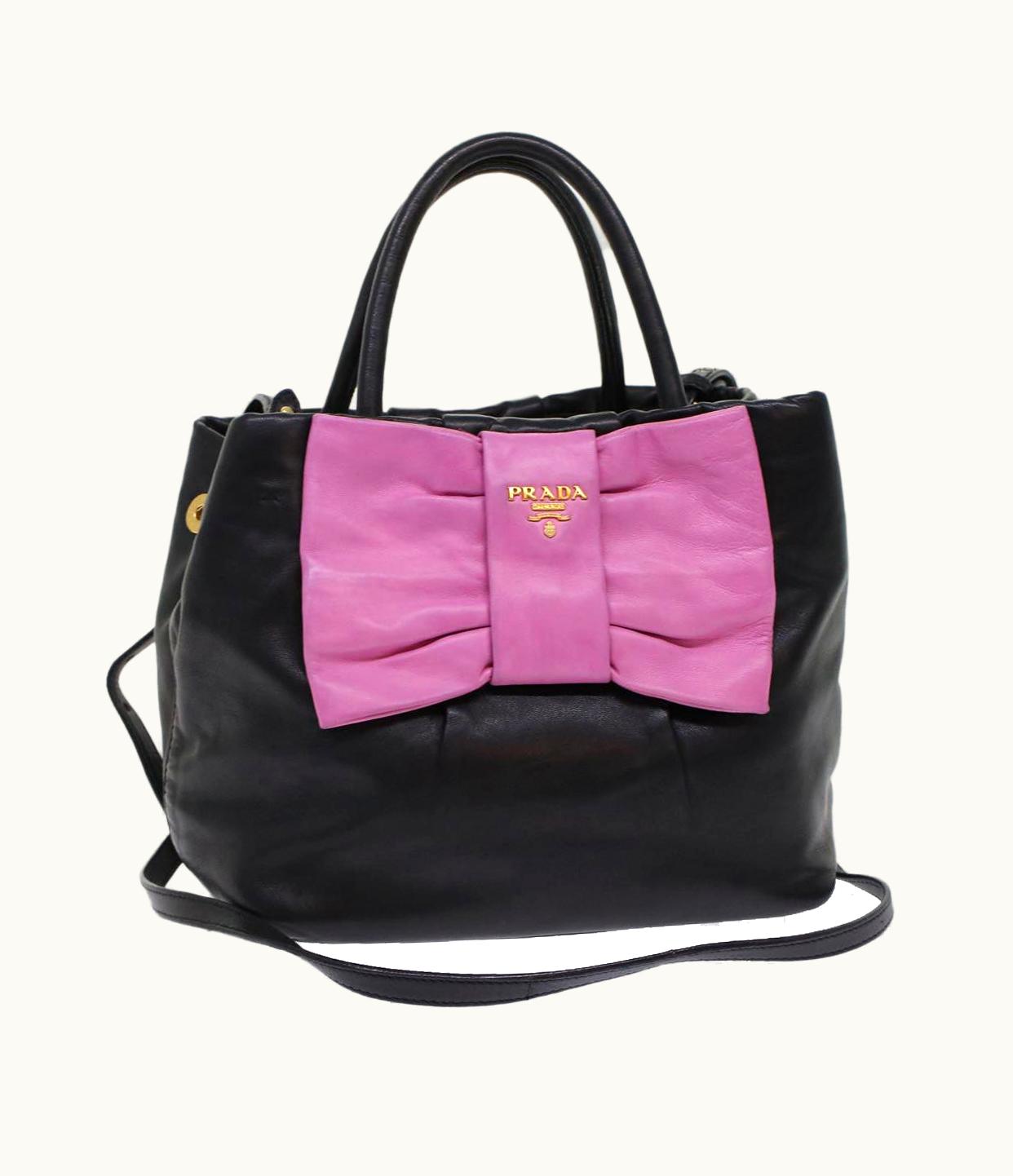 Prada Prada Ribbon Hand Bag Leather 2Way Black Pink