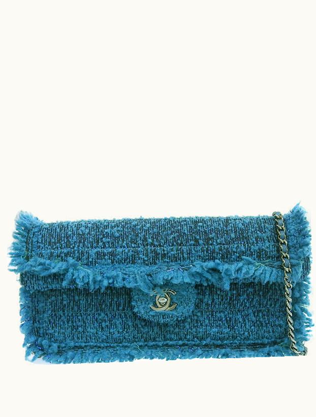 Chanel Chanel Around 2002 Made Tweed Chocolate Bar Turn-Lock Chain Bag Turquoise Blue