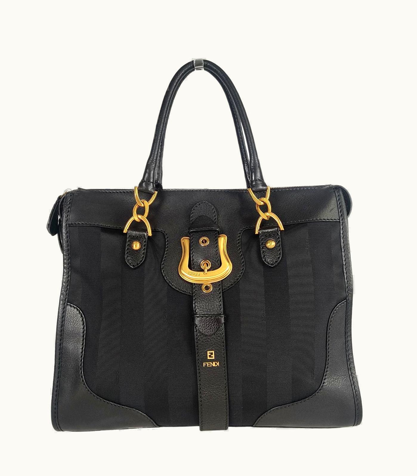 Fendi Fendi Handbag In Pacan Canvas And Black Leather