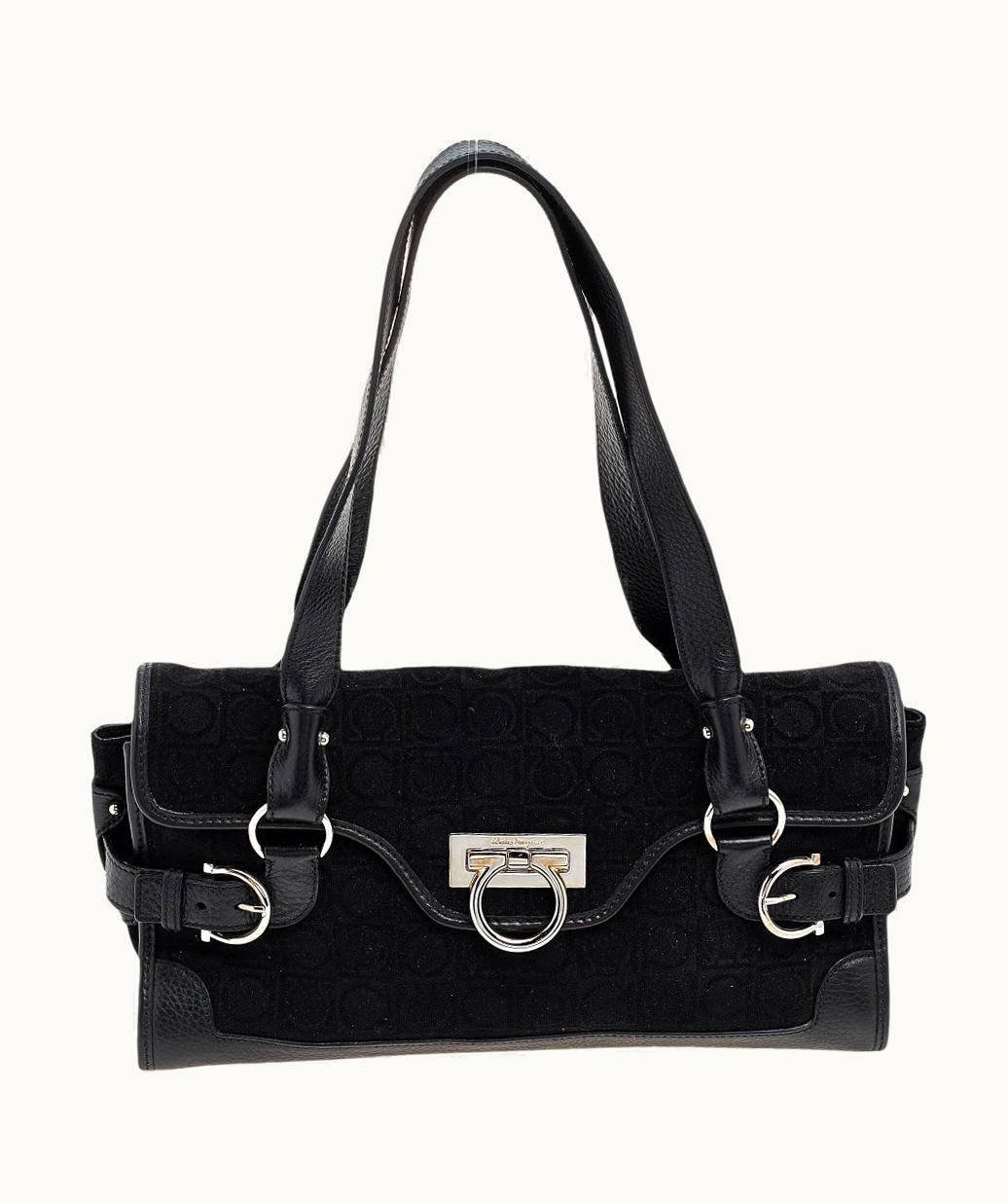 Salvatore Ferragamo Salvatore Ferragamo Black Gancini Velvet And Leather Shoulder Bag