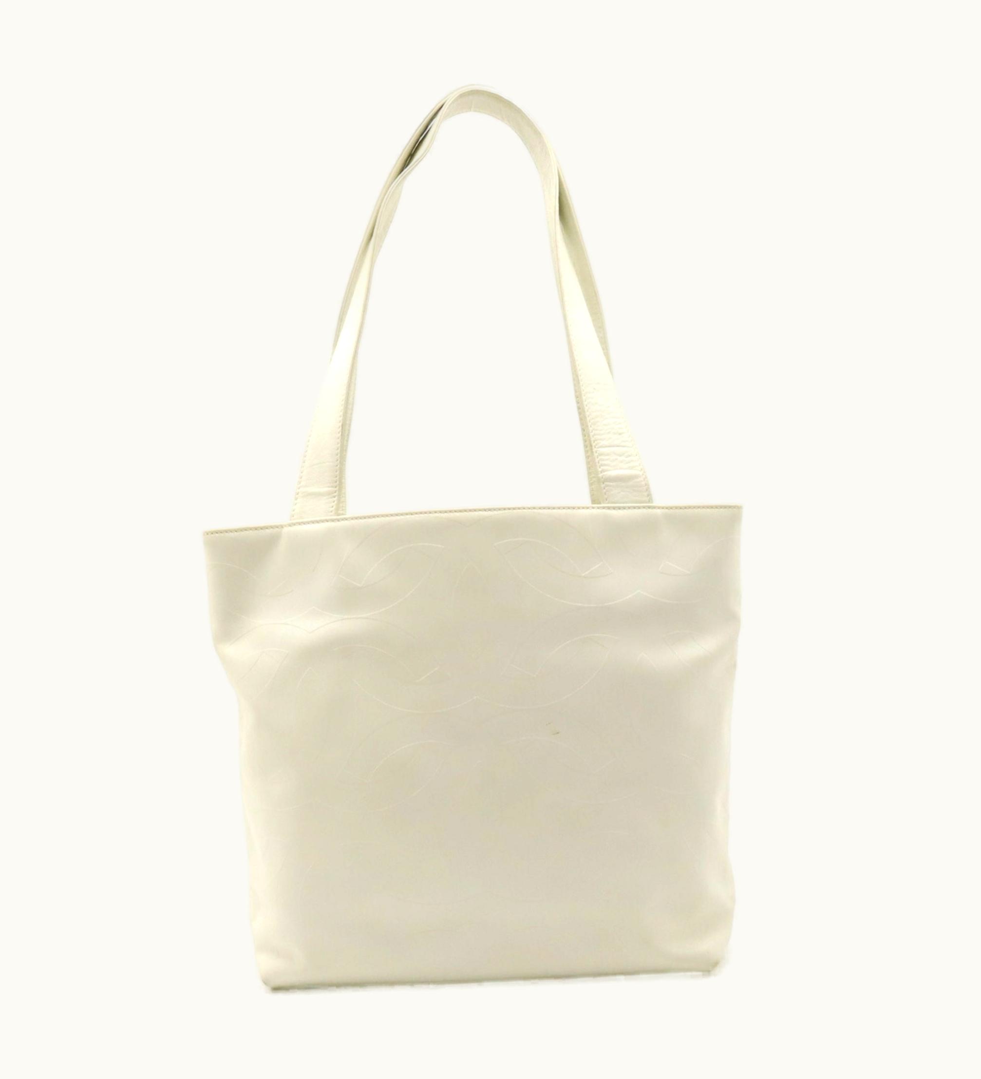 Chanel Chanel Here Mark Embossed Tote Bag Shoulder Leather Ivory White