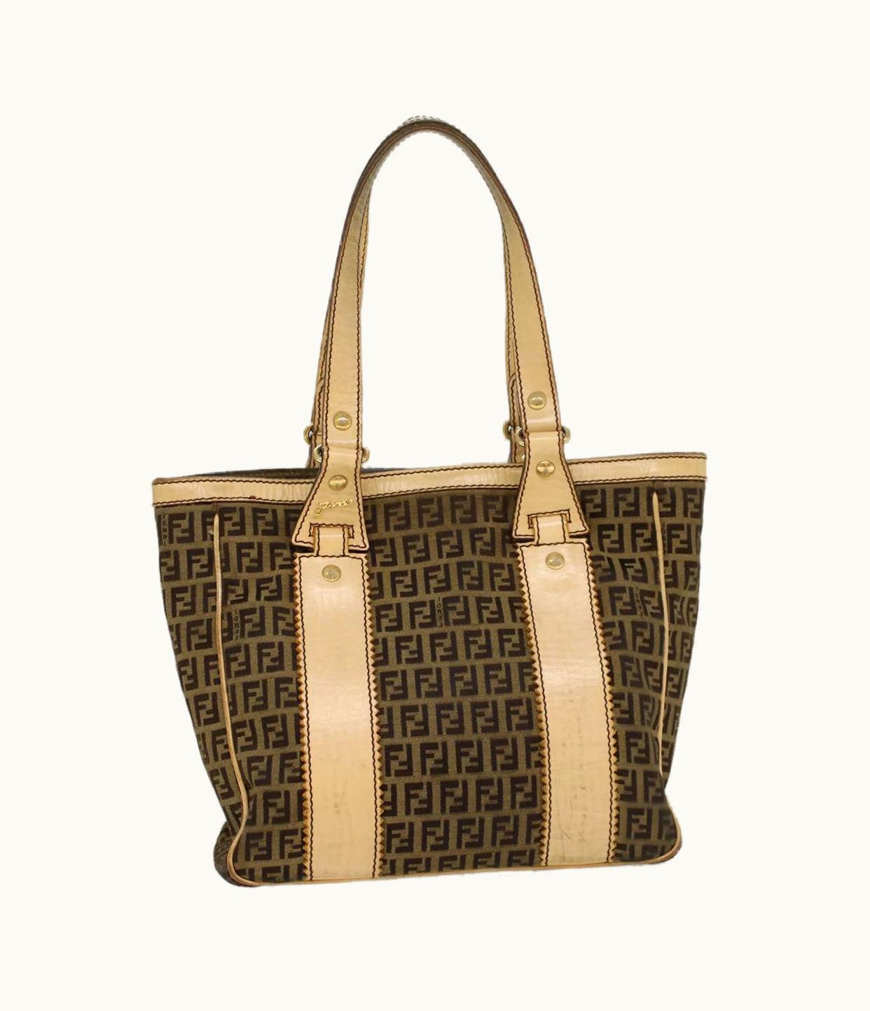 Fendi Fendi Zucchino Canvas Shoulder Bag Leather Brown