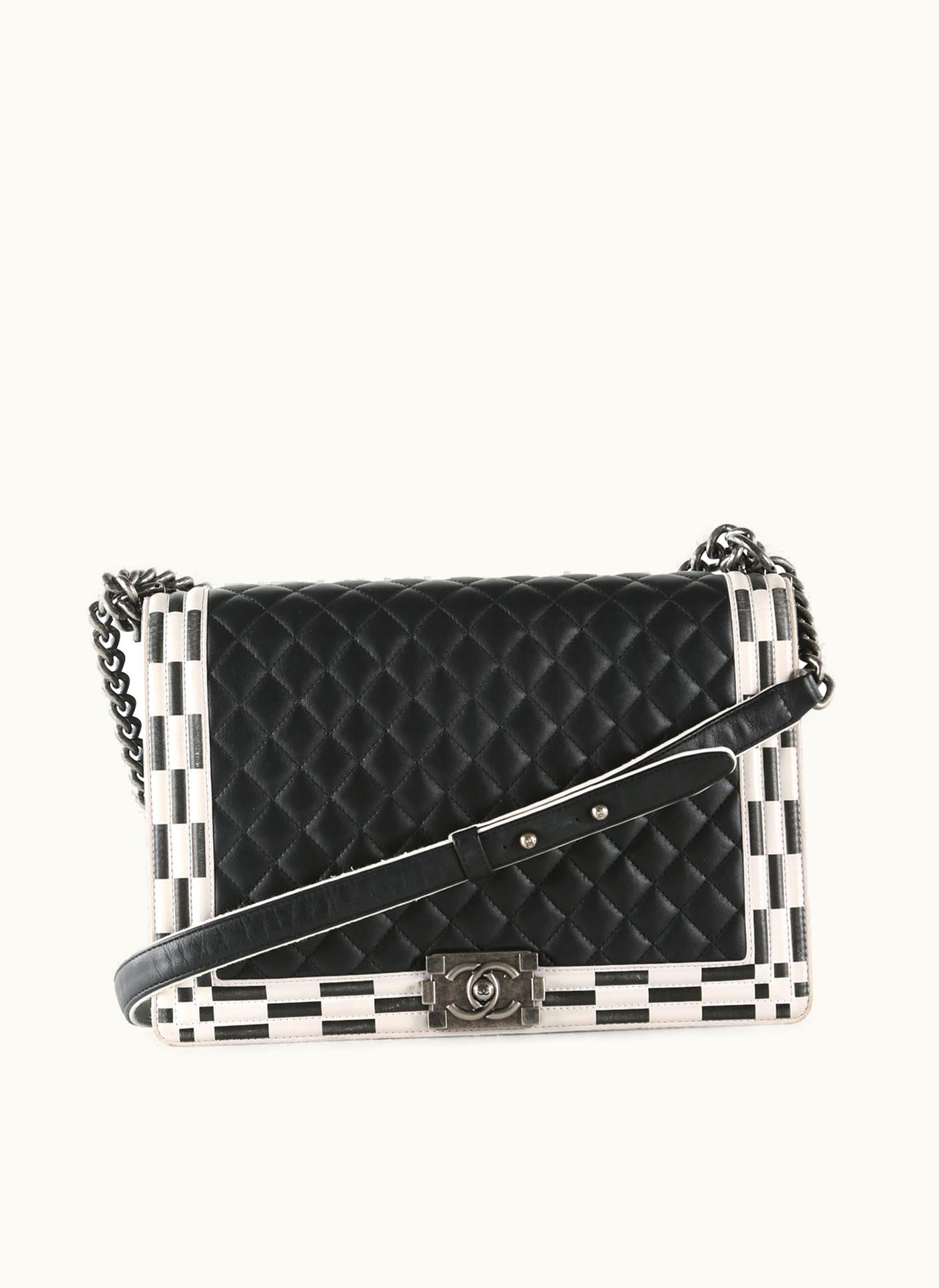 Chanel Chanel Black & White Lambskin Leather Flap Boy Bag With Checkerboard Trim