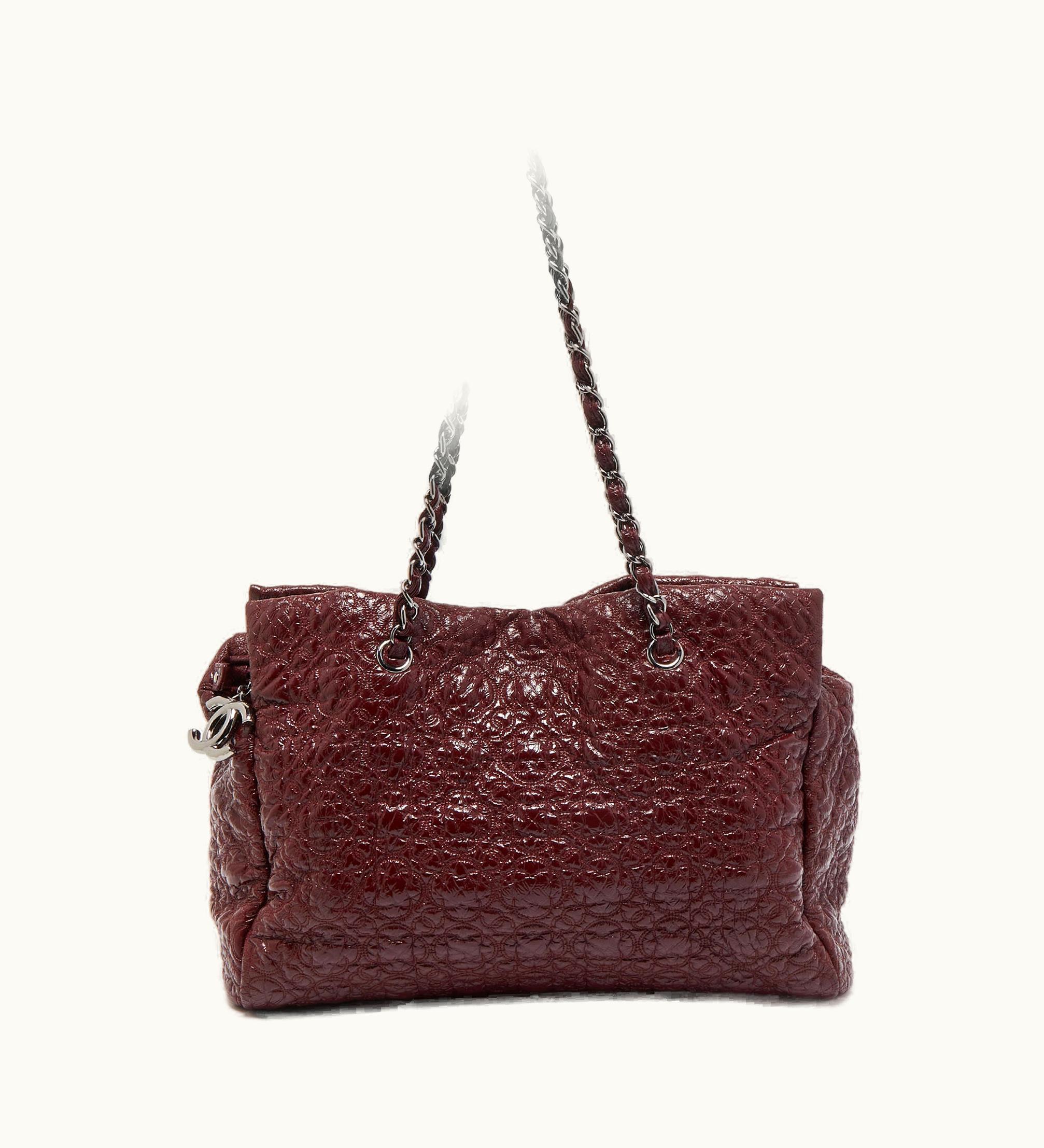 Chanel Chanel Burgundy Camellia Embossed Patent Leather Shoulder Bag