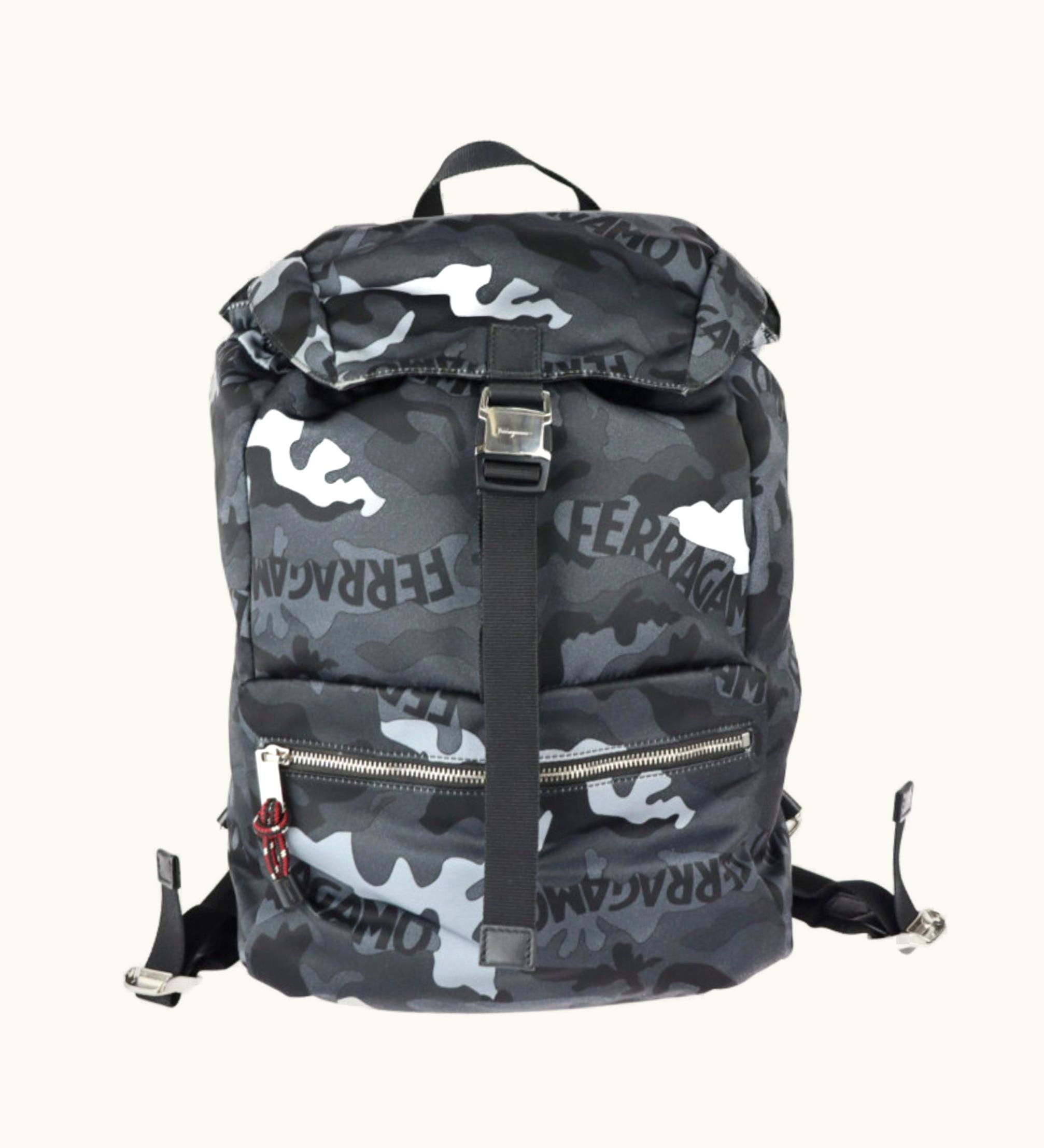 Salvatore Ferragamo Salvatore Ferragamo Rucksack Daypack Fz-24 A054 Nylon Leather Gray Camouflage Pattern Black Silver Metal Fittings Bag Pack