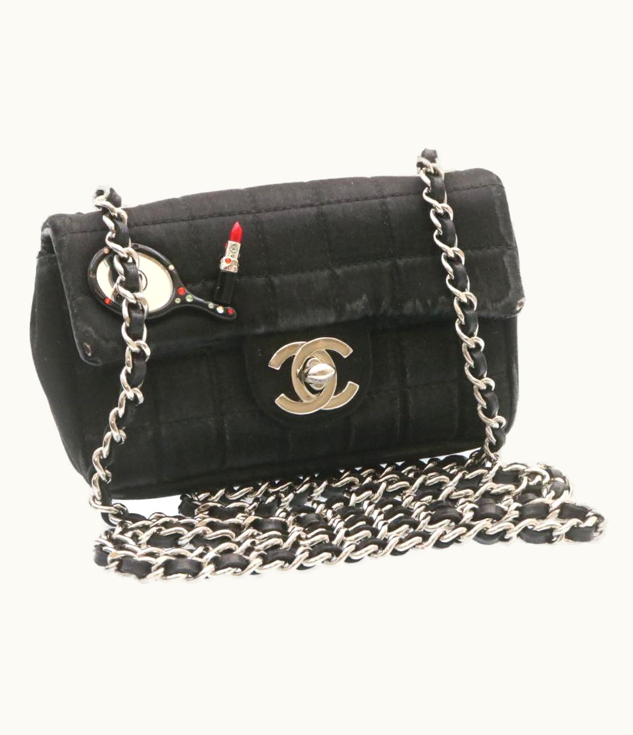 Chanel Chanel Choco Bar Rouge Racket Linestone Shoulder Bag Satin Black CC