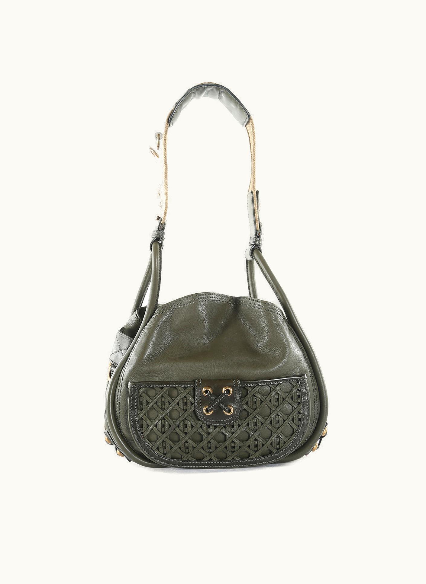 Dior Dior Christian Dior Olive Green Calfskin Leather Woven Pocket Satchel Bag