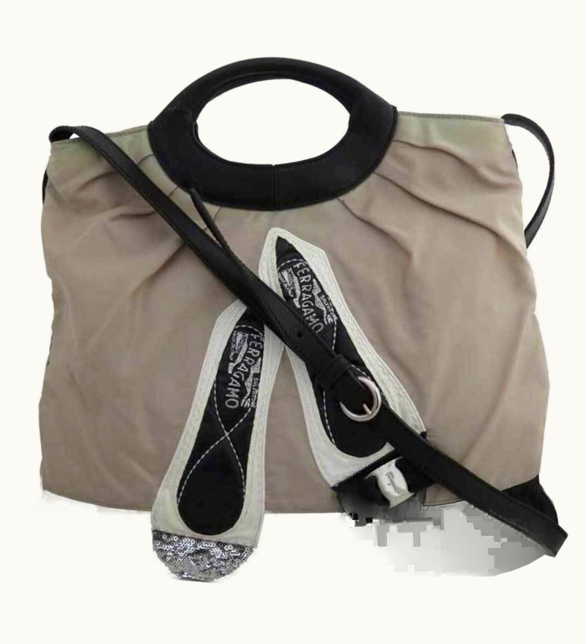 Salvatore Ferragamo Salvatore Ferragamo Handbag Shoulder Bag Vala Ribbon Nylon/Leather Greige X Black White Ladies