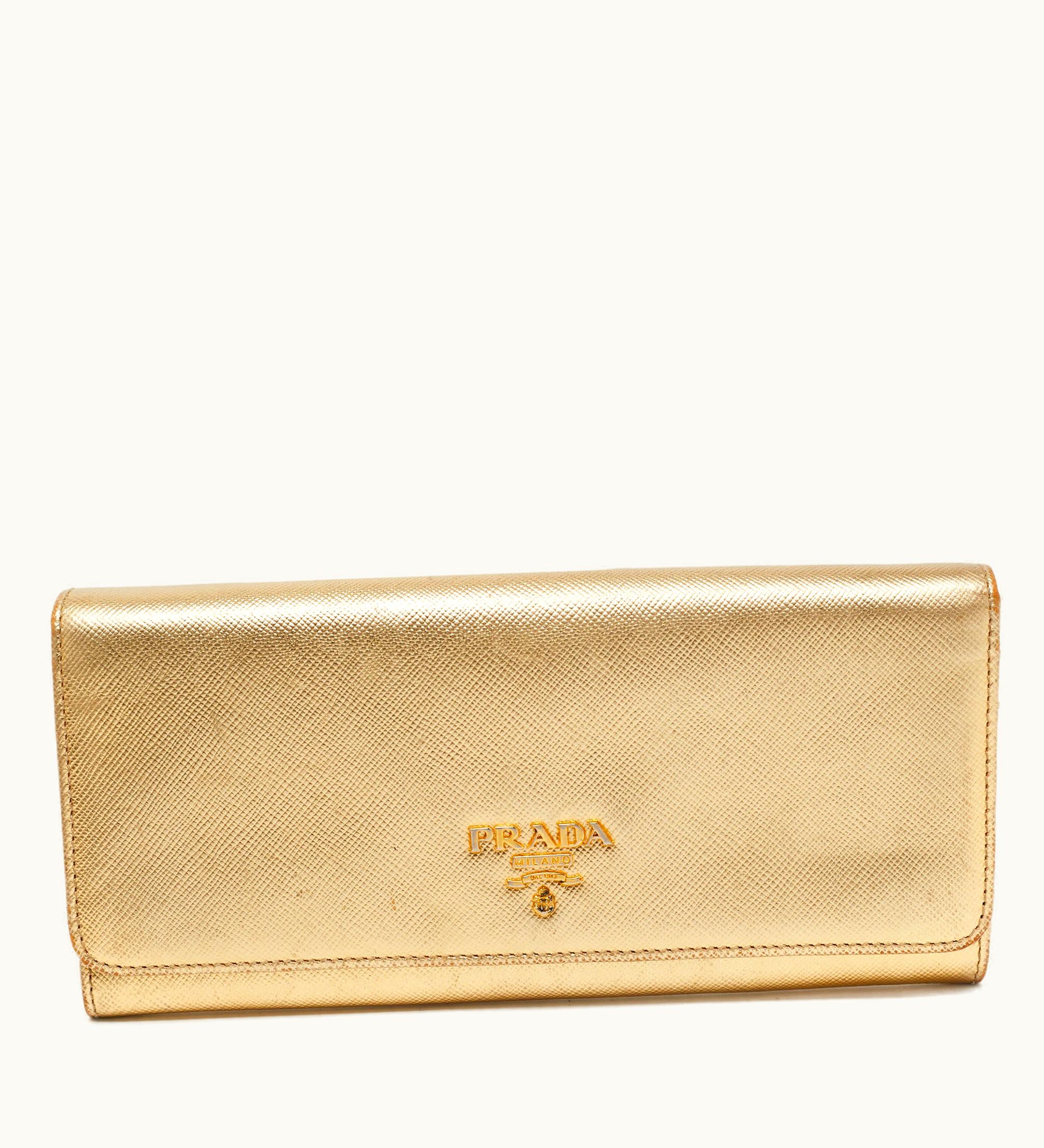 Prada Prada Gold Saffiano Metal Leather Logo Flap Continental Wallet