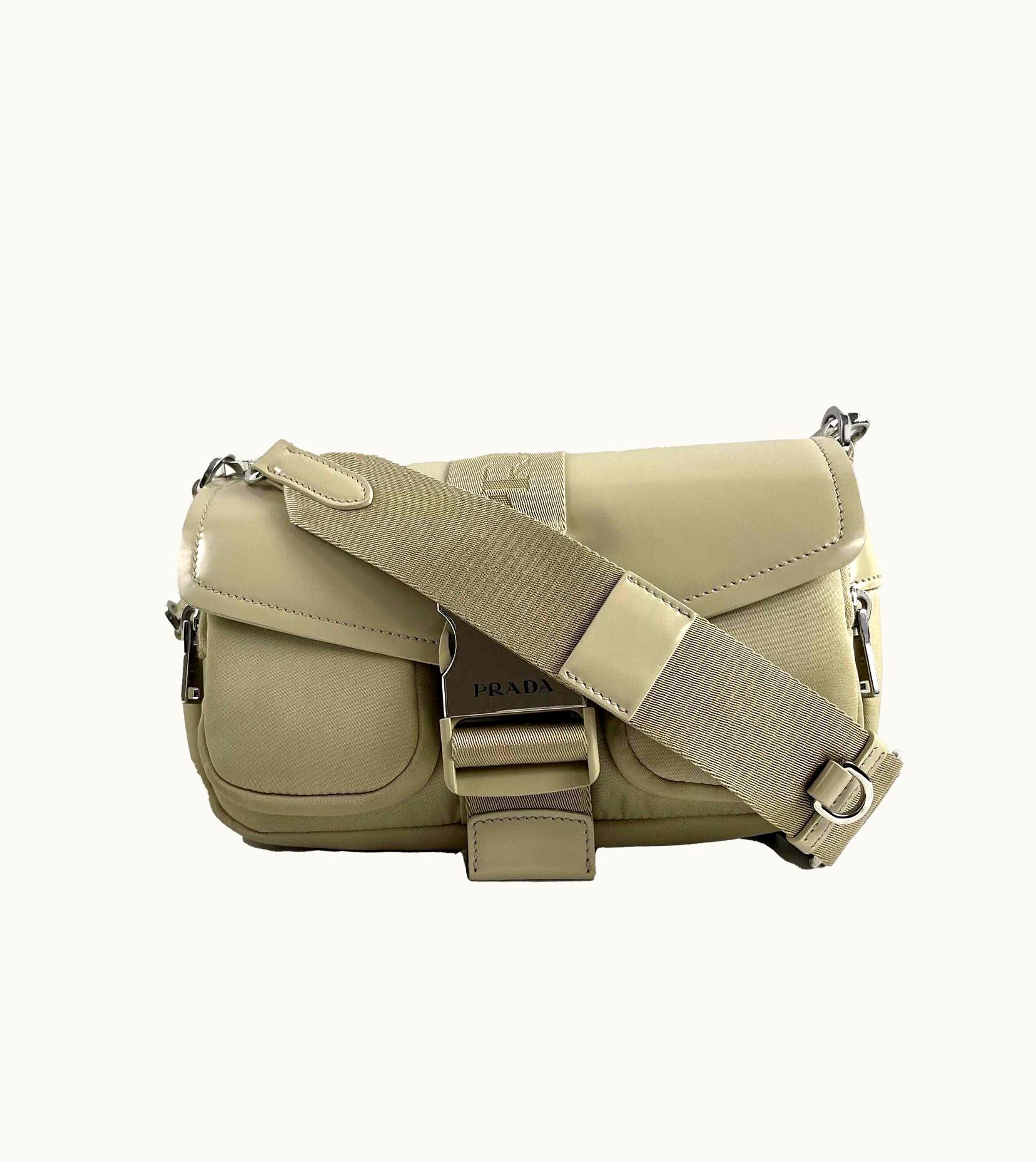 Prada Prada Re-Nylon Tessuto Brushed Calfskin Pocket Shoulder Bag Desert Beige Great