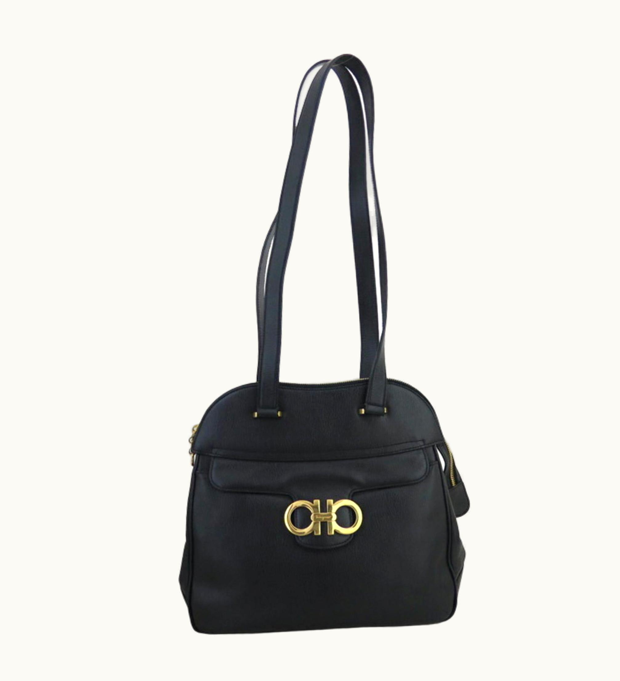 Salvatore Ferragamo Salvatore Ferragamo Shoulder Bag Gancini Leather Black Gold Ladies