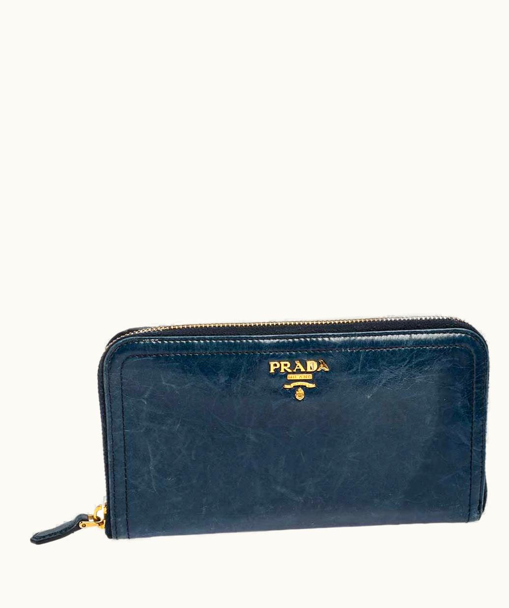 Prada Prada Teal Blue Crinkled Leather Zip Around Continental Wallet