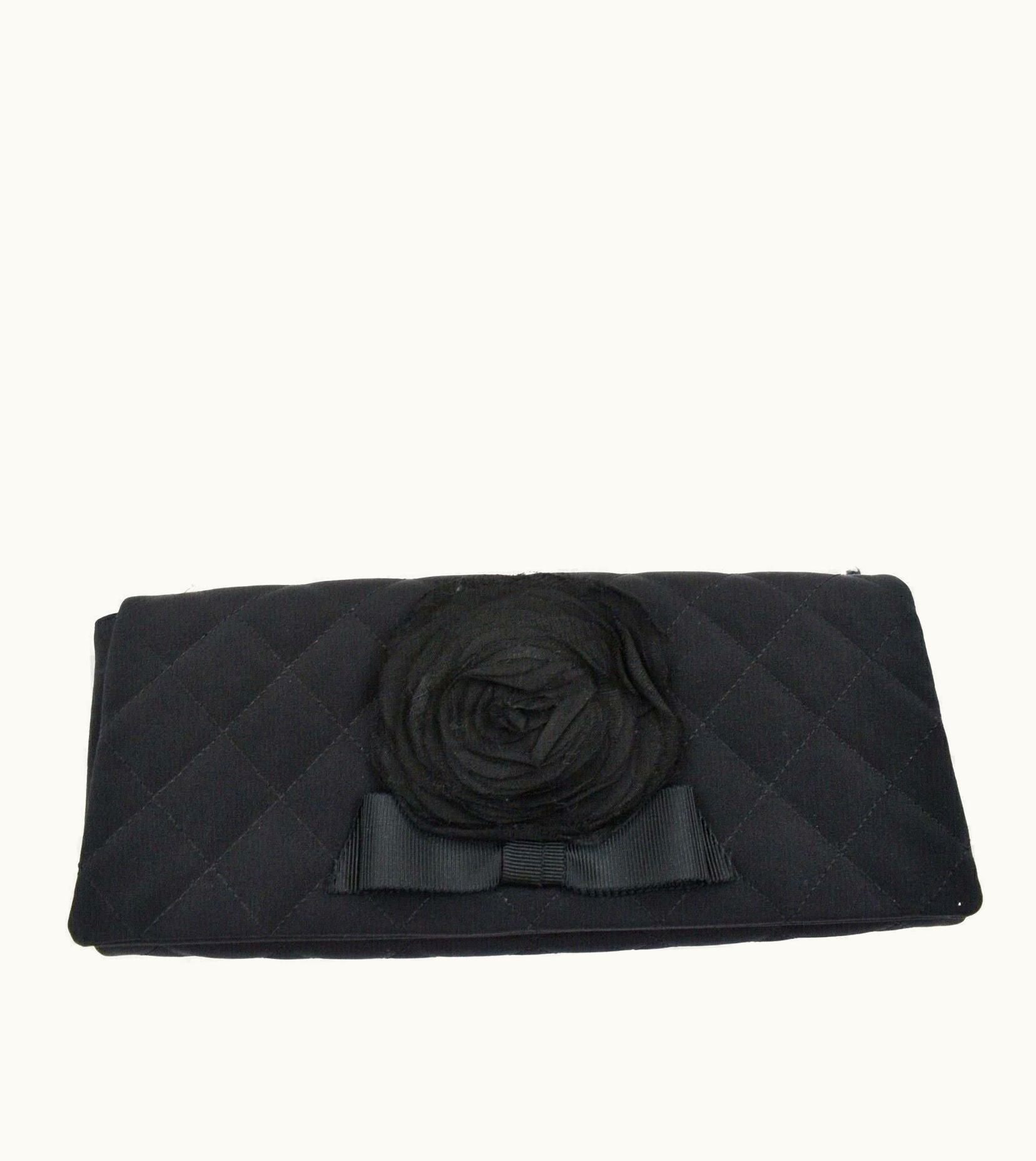 Chanel Chanel - Camellia Black Satin Pochette Bag - Gold Chain Strap Quilted