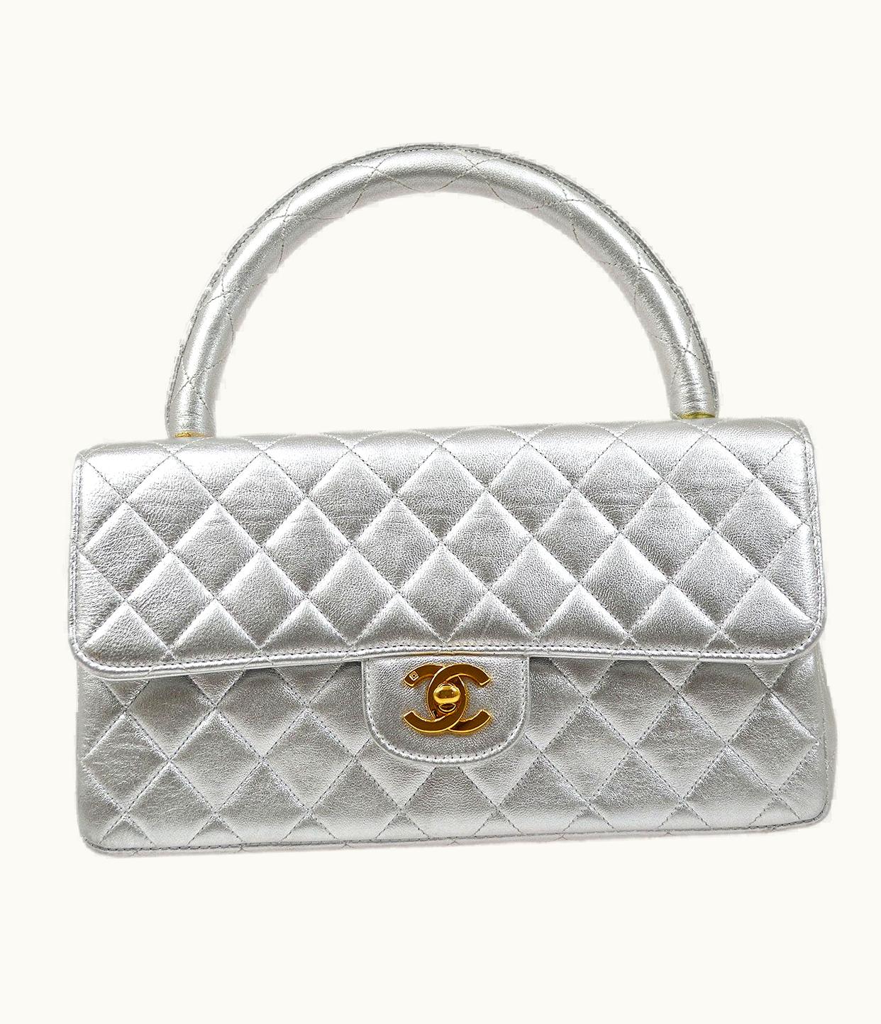 Chanel Chanel 1994 Silver Lambskin Quilted Top Handle Bag 72849