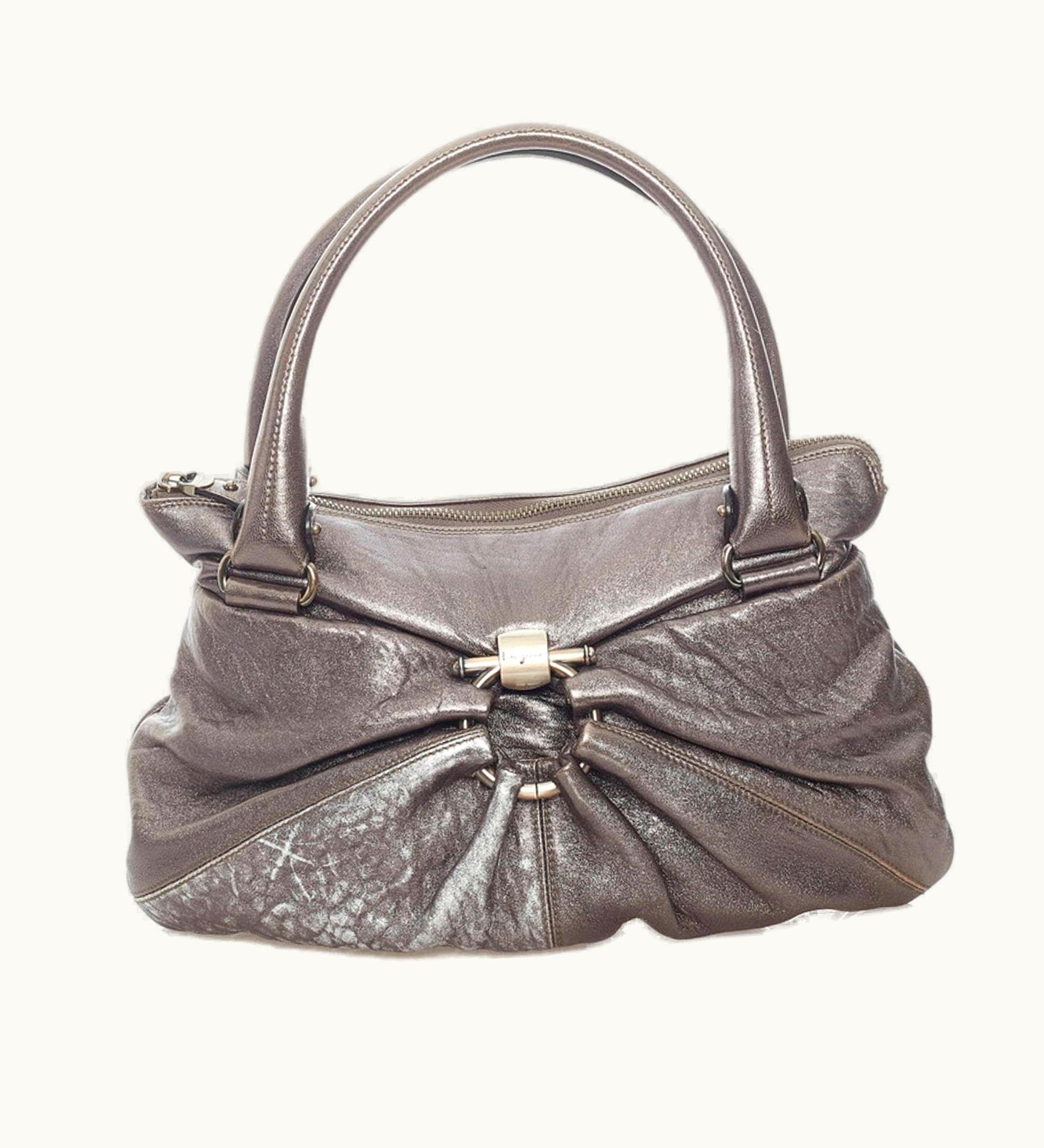 Salvatore Ferragamo Salvatore Ferragamo Gancini Handbag Bw-21 B105 Metallic Gray Silver Leather Ladies