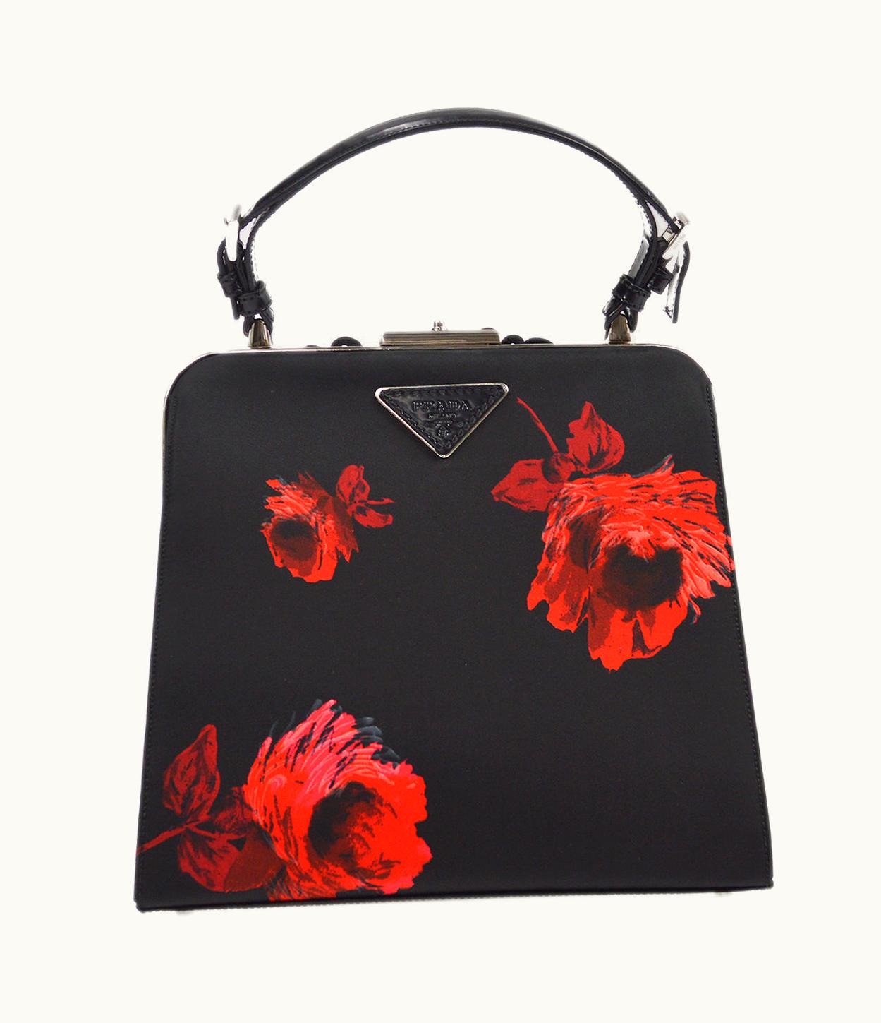 Prada Prada * Canapa Floral Frame Handbag Black 67431