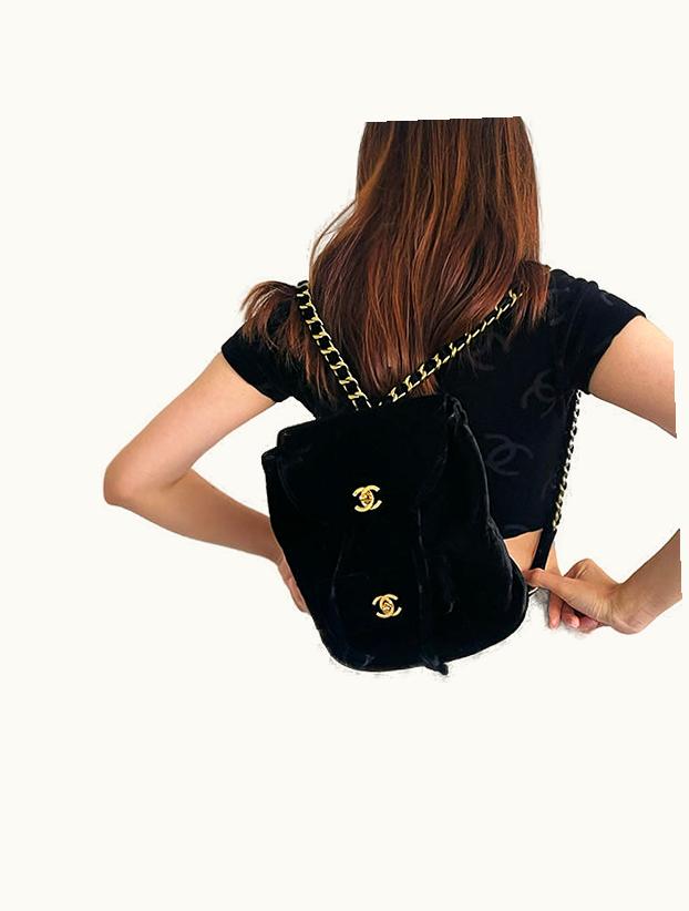 Chanel Chanel Around 1995 Made Double Turn-Lock Velour Backpack Black