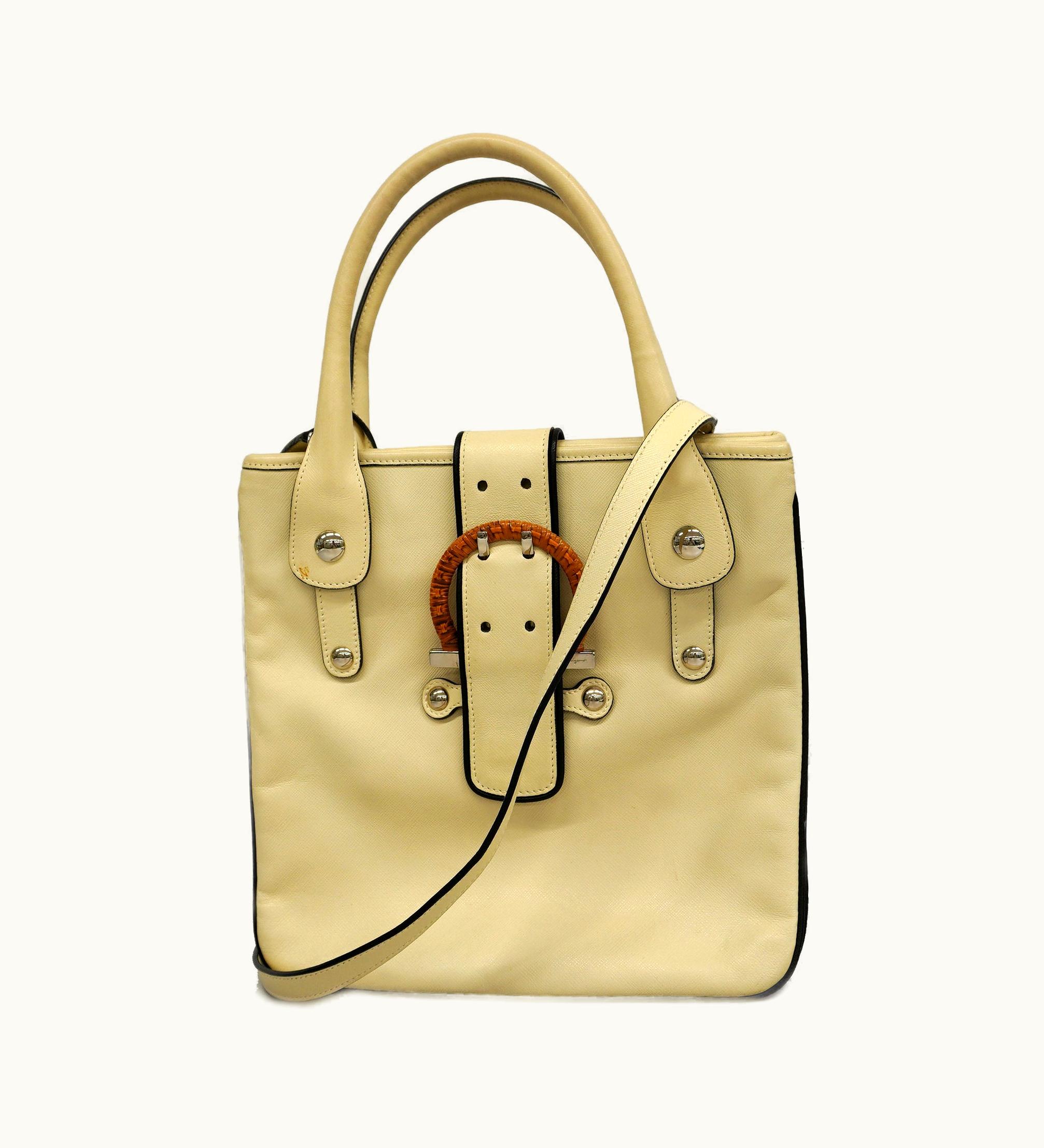 Salvatore Ferragamo Salvatore Ferragamo Gancini 2 Way Bag Ivory Leather & Straw