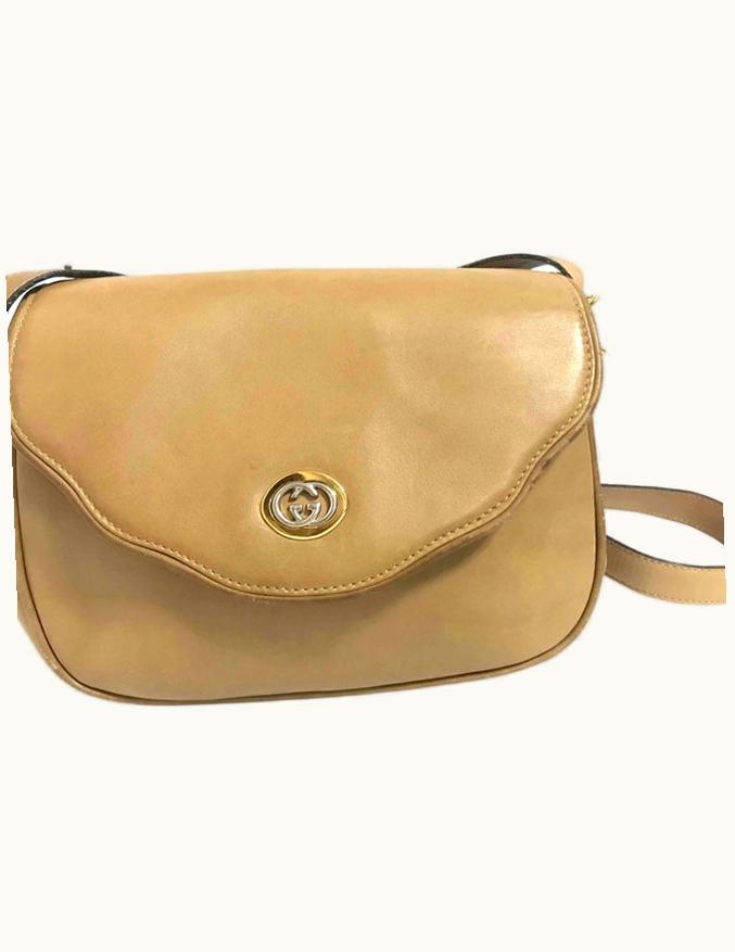 Gucci Gucci Vintage Nude Brown Leather Shoulder Bag With Golden And Silver Tone GG Logo Motif And Wavy Design Flap