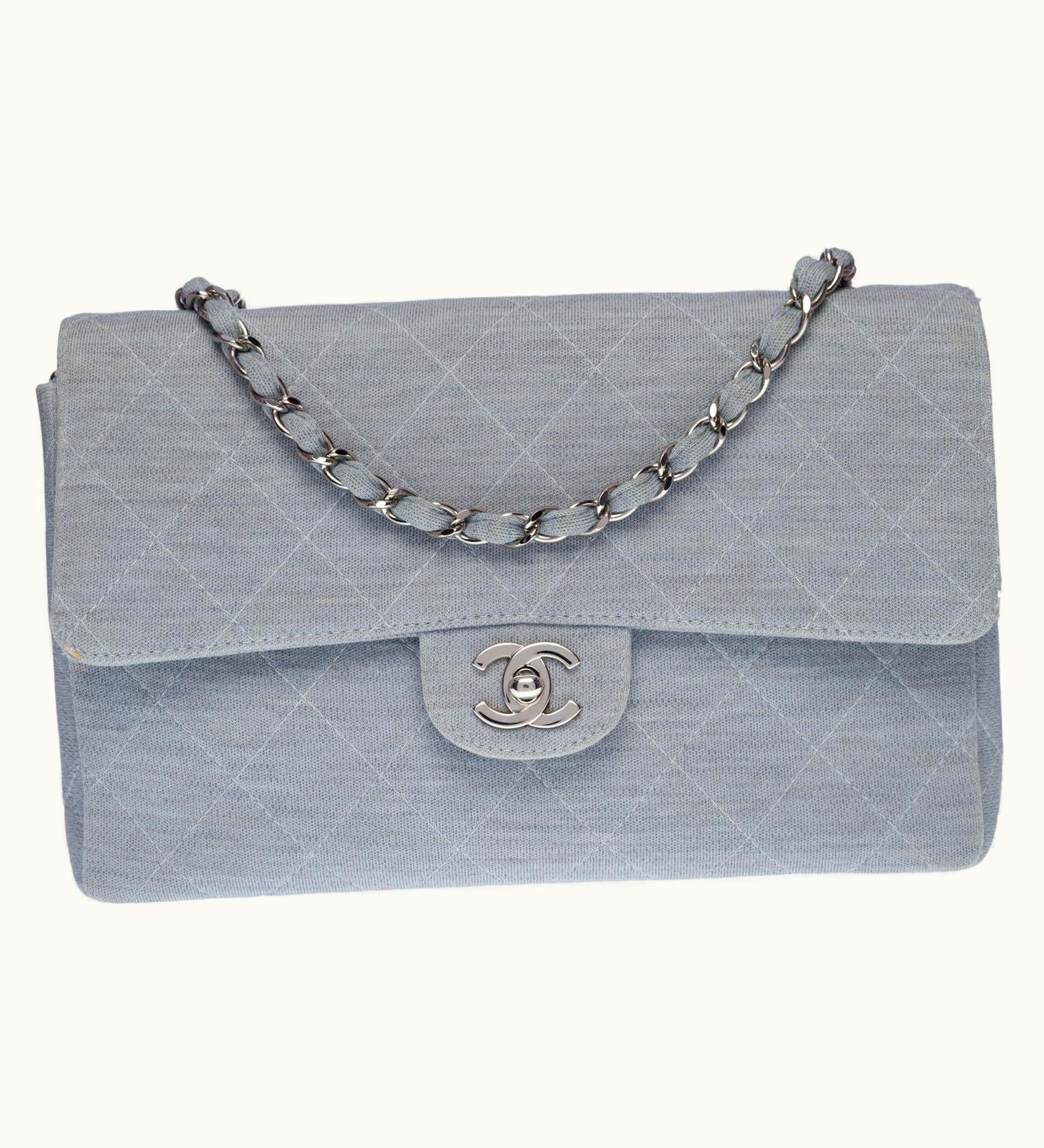 Chanel Chanel Timeless Shoulder Flap Bag In Sky Blue Quilted Jersey With Silver Hardware