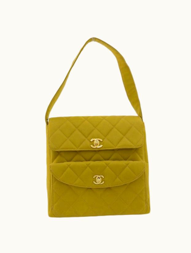 Chanel Chanel Around 1997 Made Nylon Double Turn-Lock Shoulder Bag Mustard