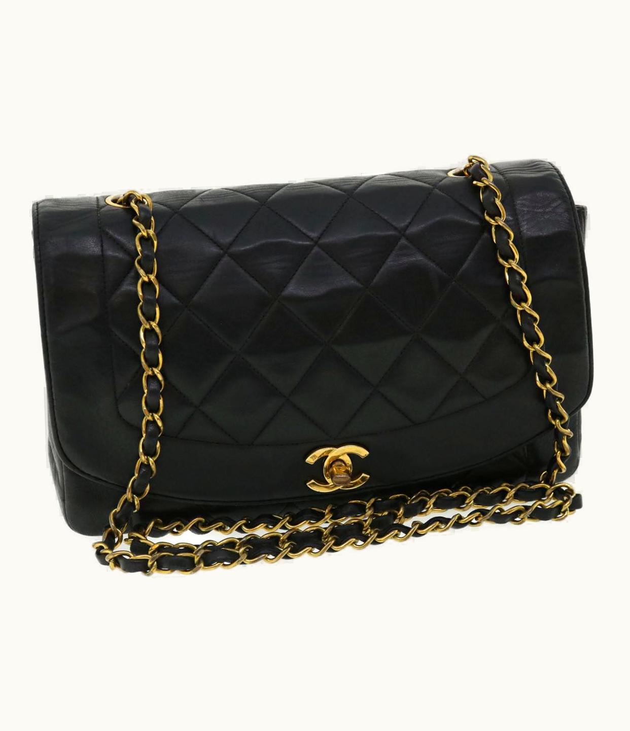 Chanel Chanel Diana Matelasse Chain Flap Shoulder Bag Lamb Skin Black Gold