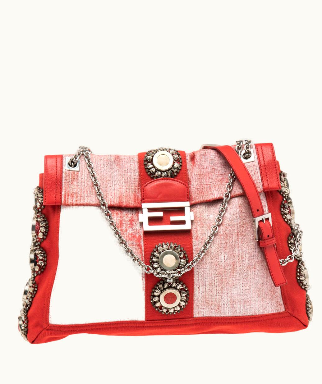 Fendi Fendi Maxi Baguette Shoulder Bag Red/White Canvas and Leather