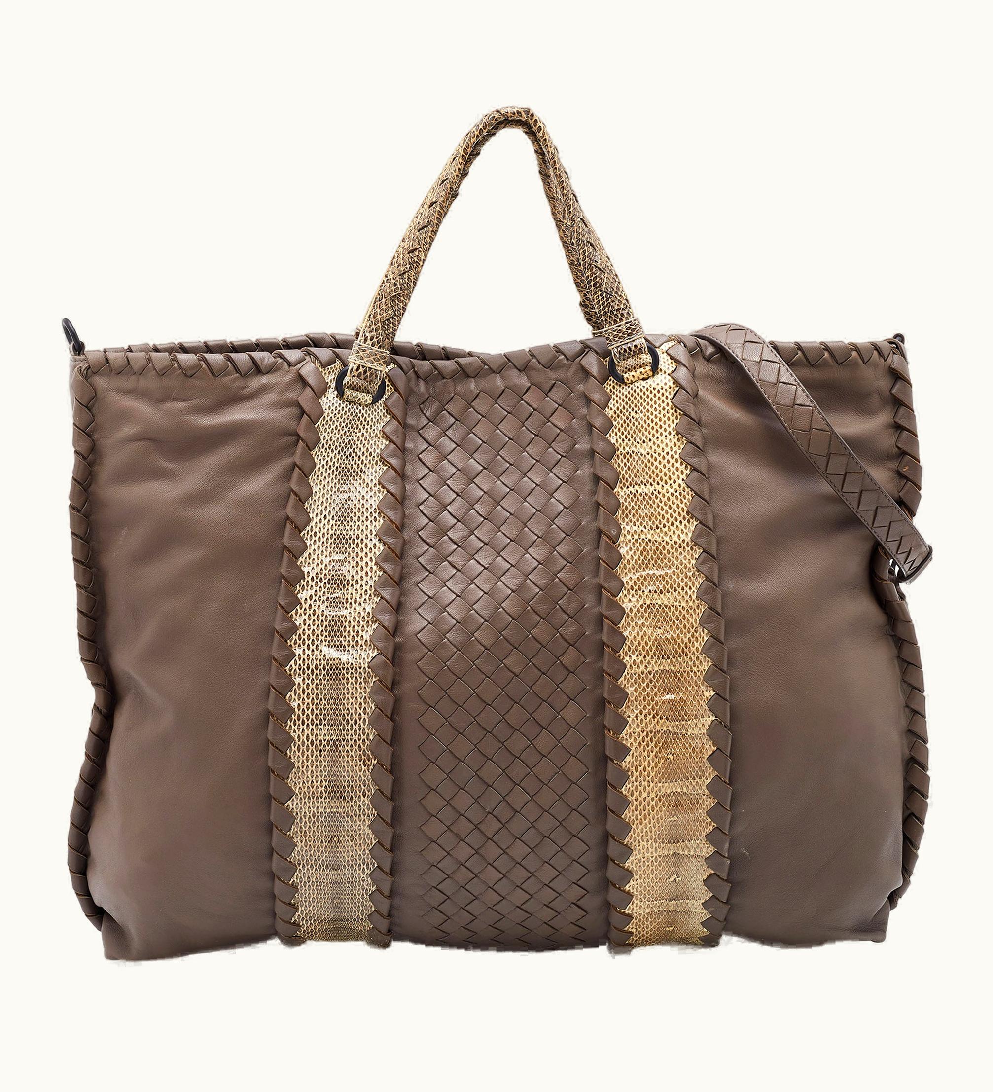 Bottega Veneta Bottega Veneta Grey/Beige Intrecciato Leather And Watersnake Leather Hobo