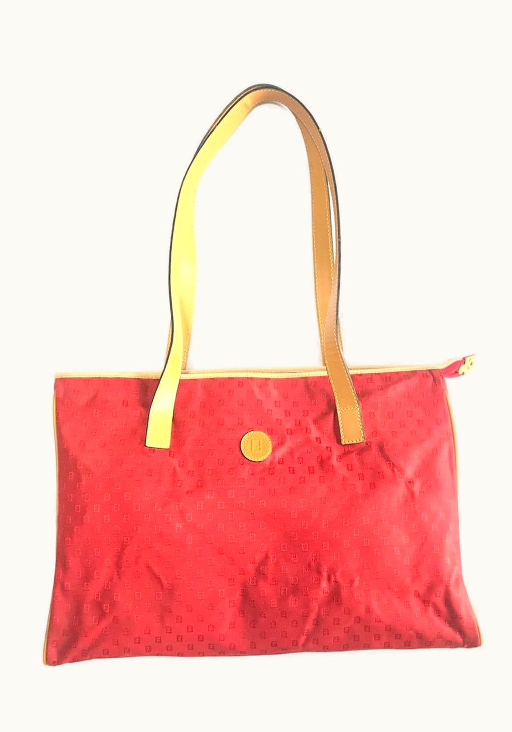 Fendi Fendi Vintage Red Logo Jacquard Fabric Large Shopper Tote Bag With Brown Leather Handles