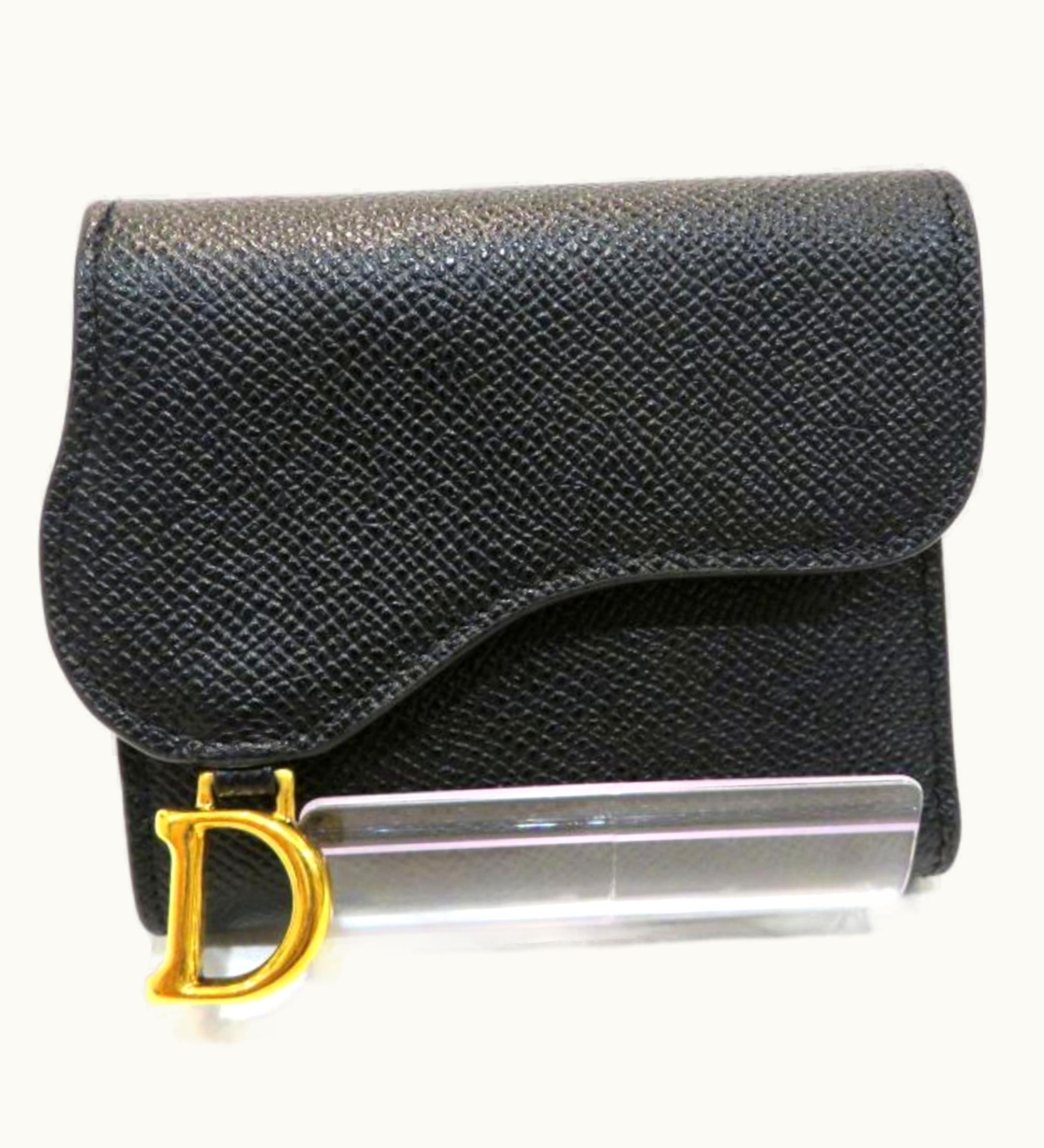 Dior Dior Christian Dior Dior Saddle Lotus Wallet Black Leather 3 Fold Women's
