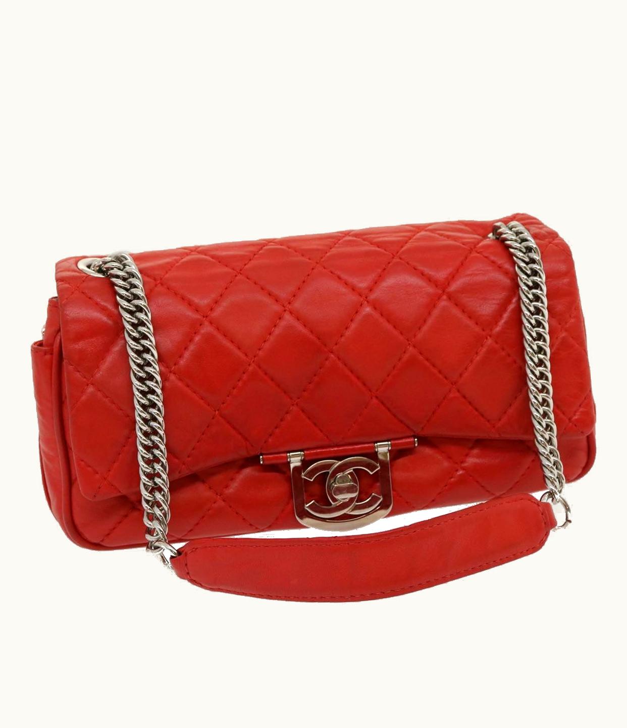 Chanel Chanel Matelasse Chain Flap Shoulder Bag Lamb Skin Turn Lock Red