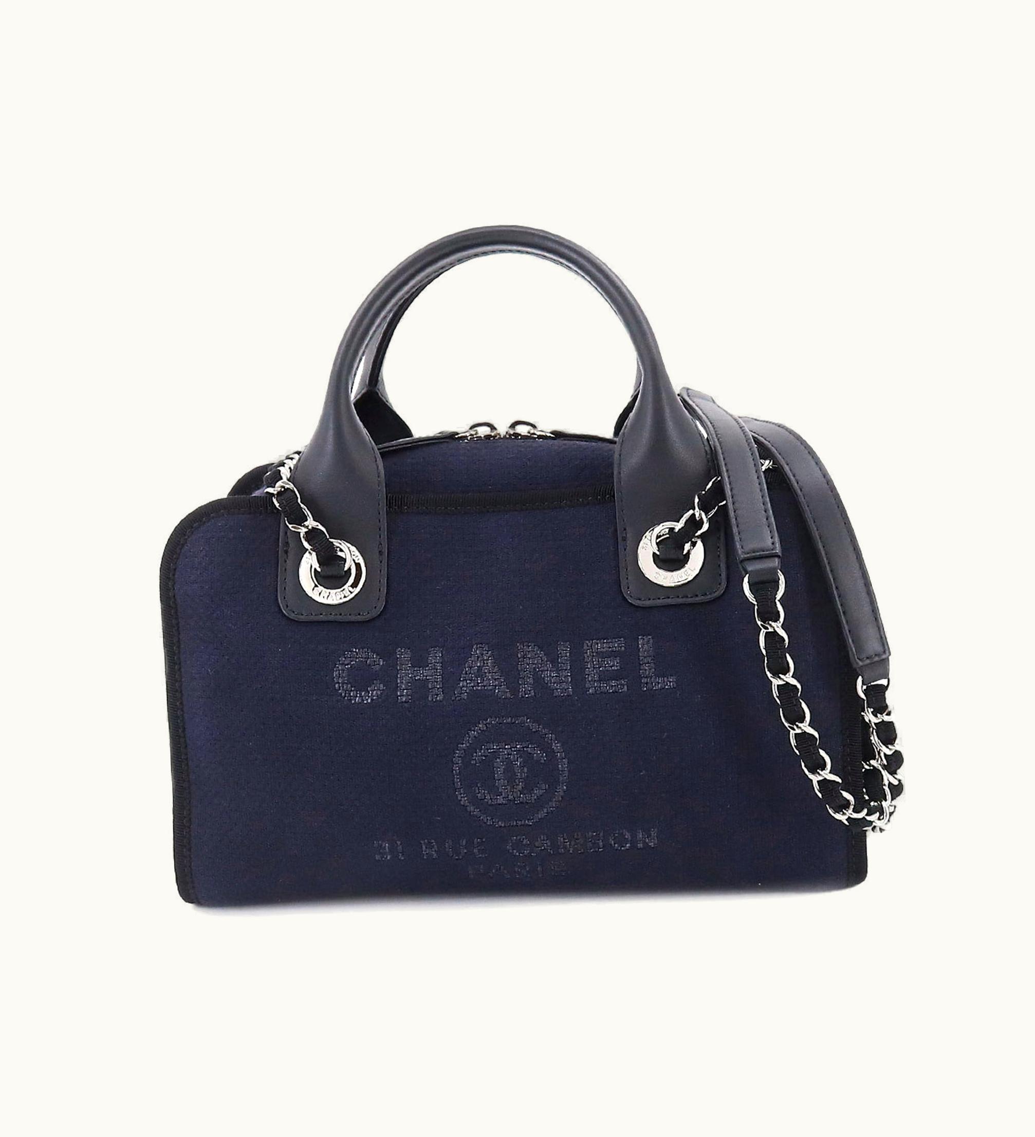 Chanel Chanel Deauville Bowling 2Way Hand Chain Shoulder Bag Canvas Leather Navy A92749