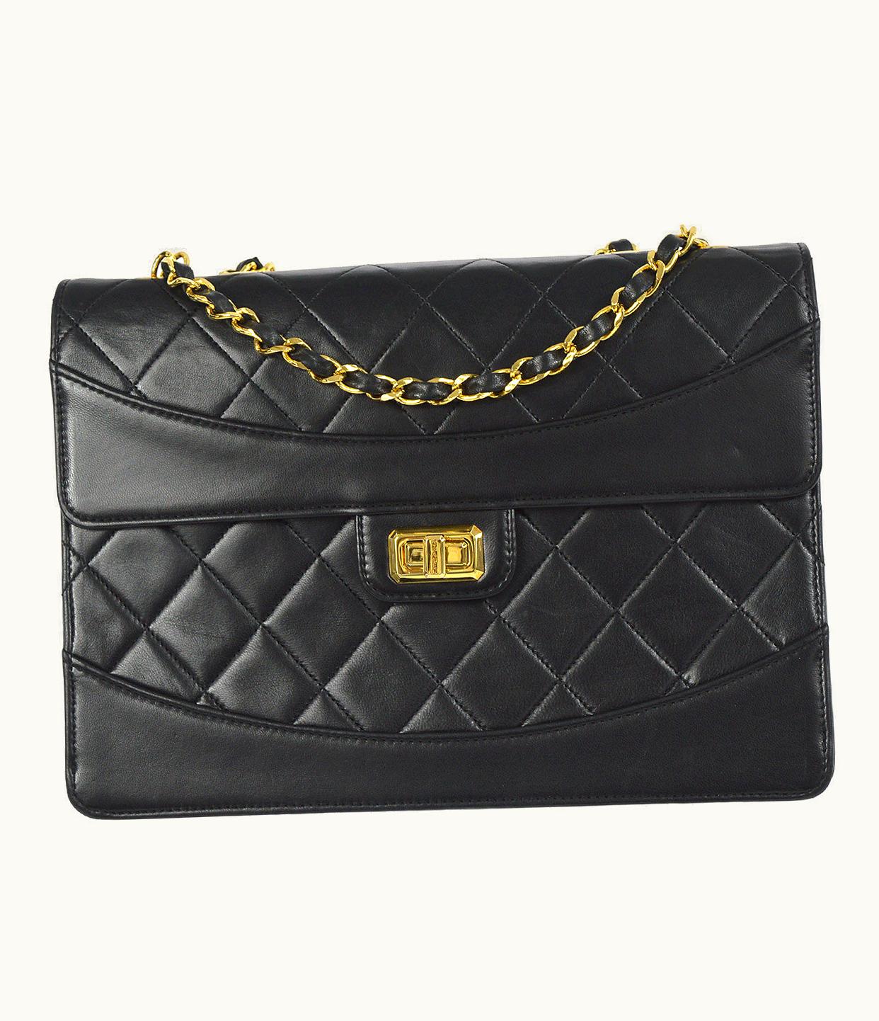 Chanel Chanel 1989-1991 Mademoiselle Lock Border Flap Large Black Lambskin 76988