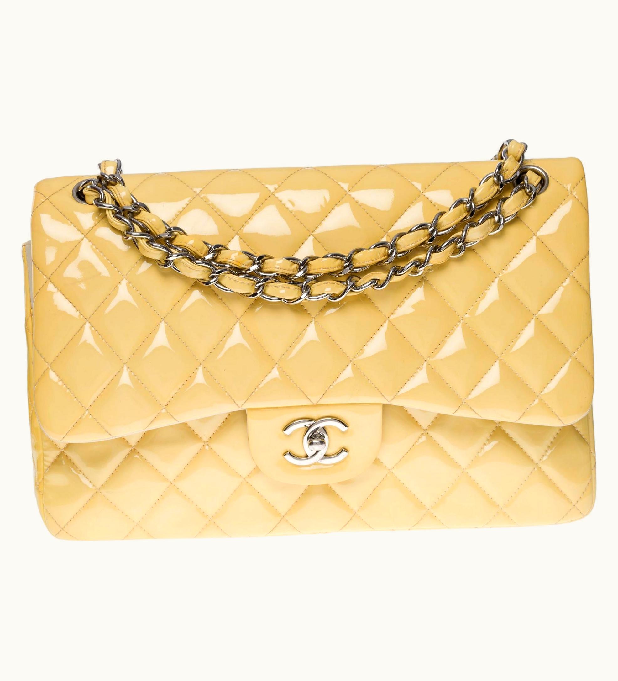 Chanel Chanel Timeless Jumbo Double Flap Shoulder Bag In Yellow Patent Leather