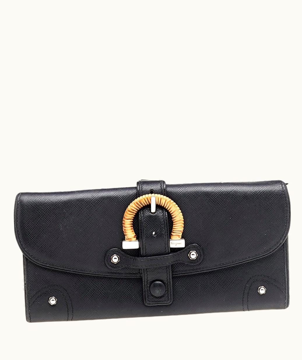 Salvatore Ferragamo Salvatore Ferragamo Black Leather Vintage Gancini Buckle Continental Wallet