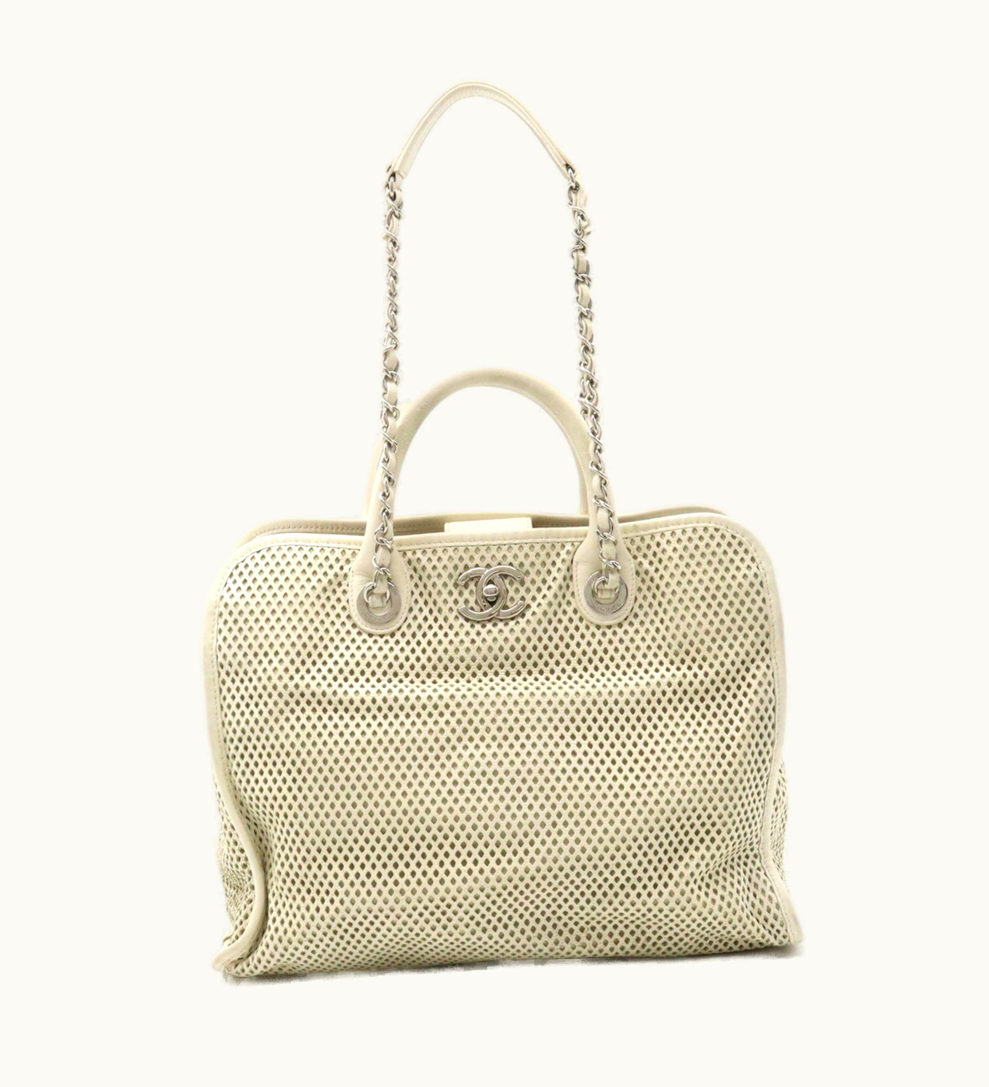Chanel Chanel Coco Mark Perforated Mesh Handbag Tote Bag Shoulder Chain Leather Ivory