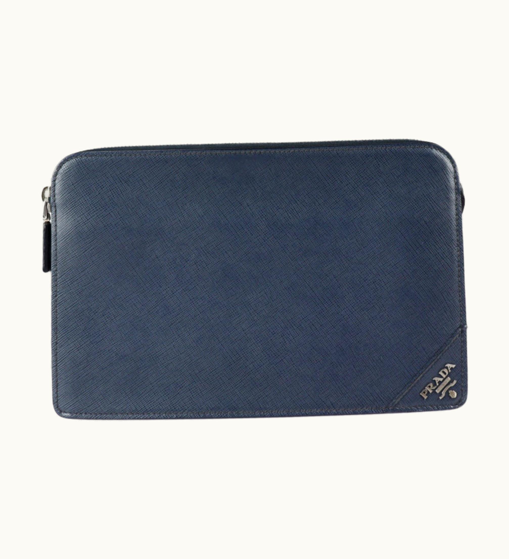 Prada Prada Second Bag 2Vf056 Saffiano Leather Baltico Navy Silver Hardware Wristlet Clutch