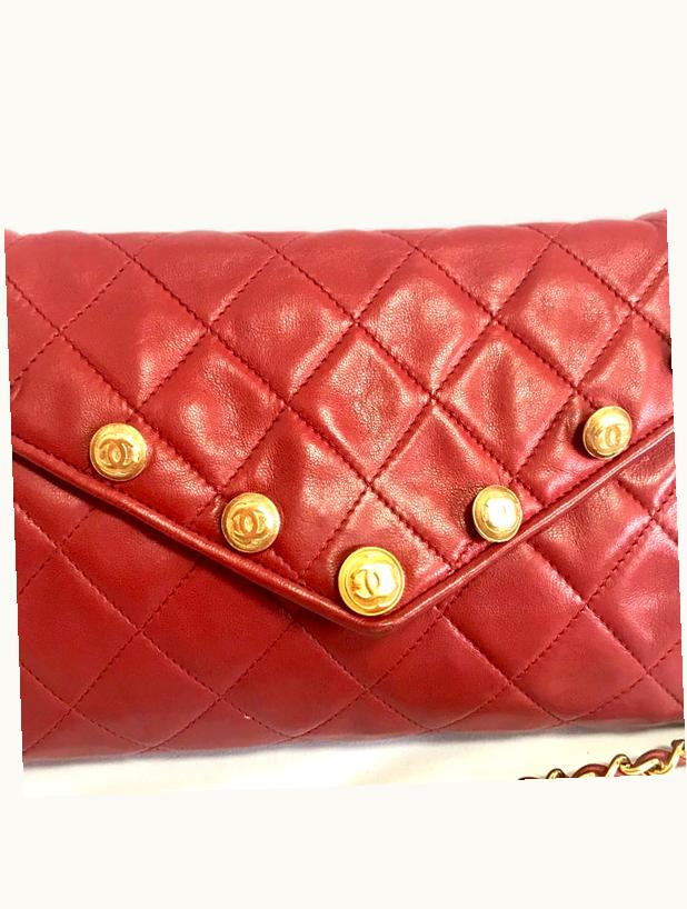 Chanel Chanel Vintage Red Lamb Leather Shoulder Bag With Golden CC Button Motifs At Flap