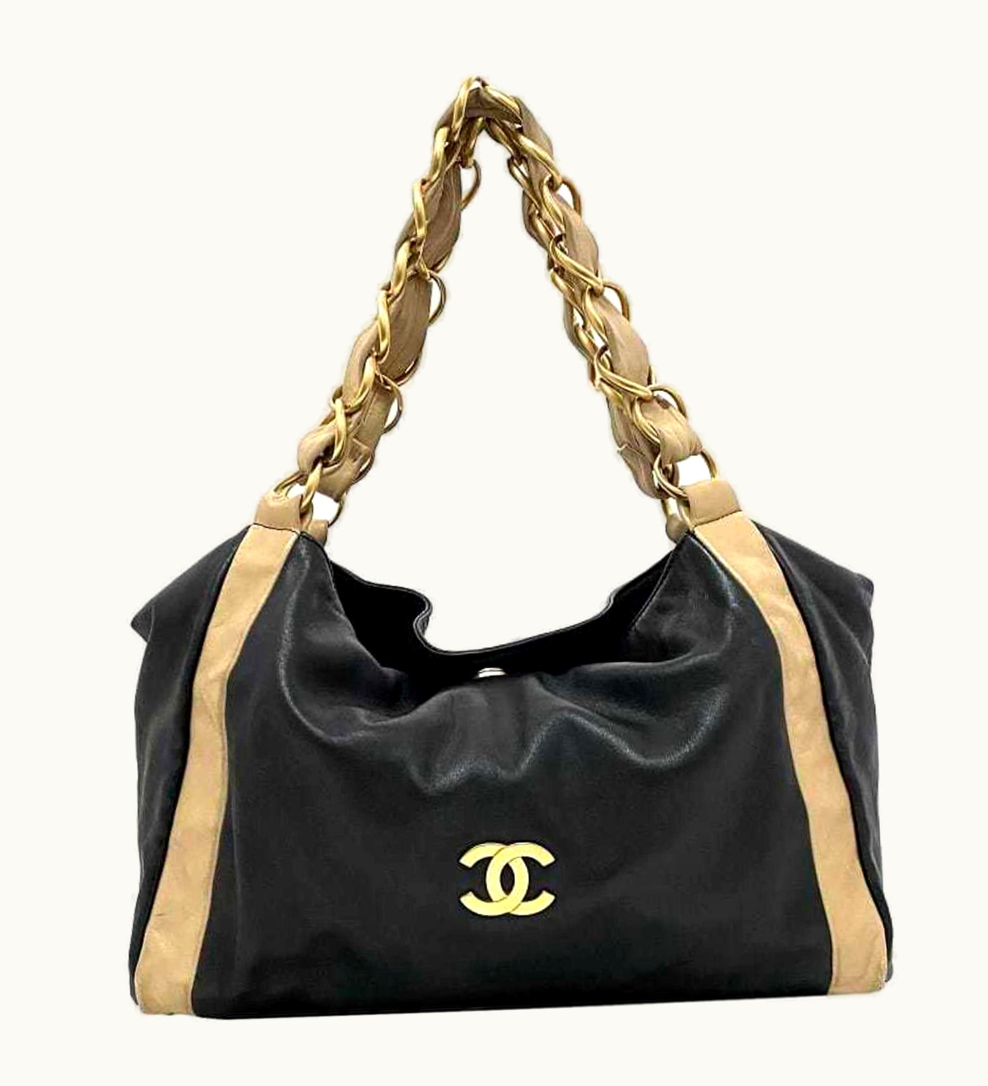 Chanel Chanel Chain Tote Bag Black Beige Gold Cocomark Leather Lambskin 7Th