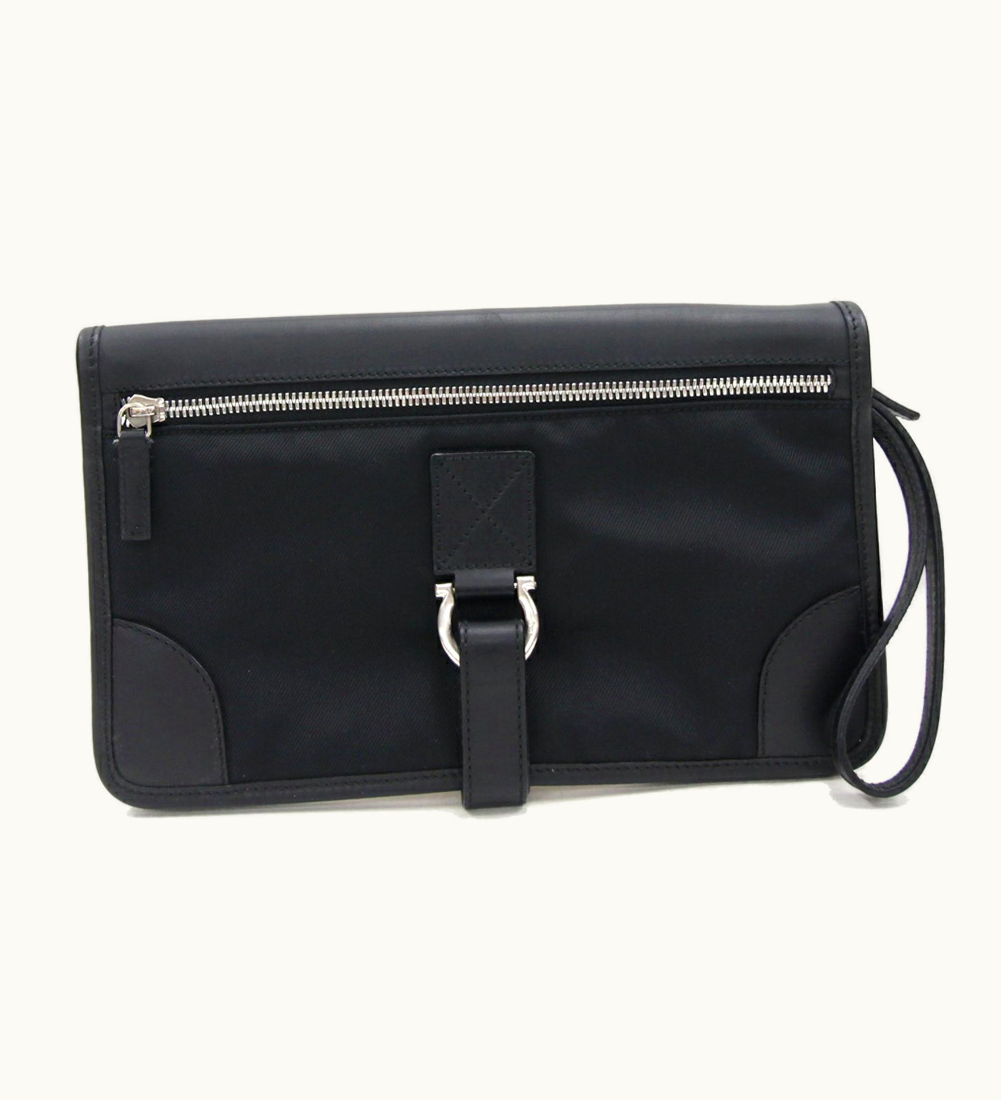 Salvatore Ferragamo Salvatore Ferragamo Ferragamo Clutch Bag Gancini Au-24 4031 Black Nylon Canvas Leather Strap Men Salvatore