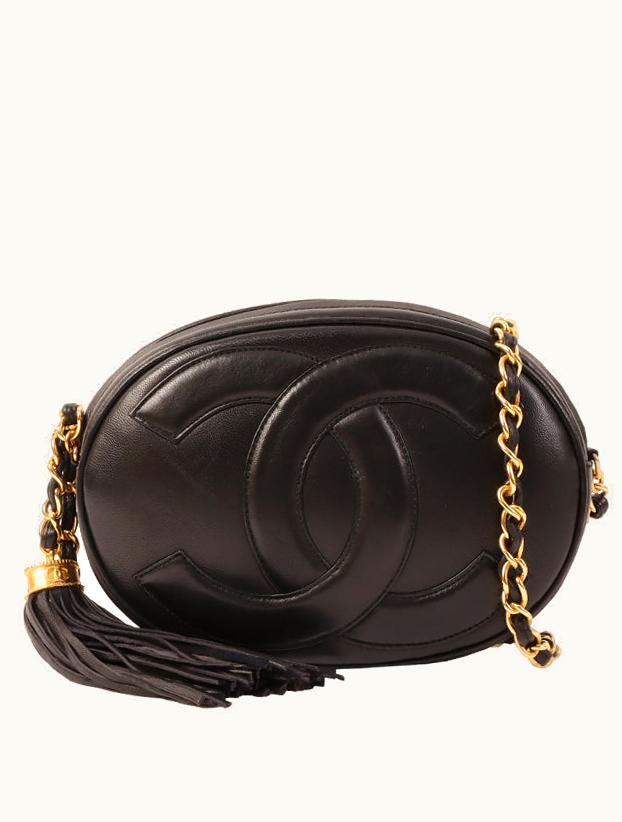 Chanel Around 1990 Made Big CC Mark Stitch Fringe Mini Chain Bag Black